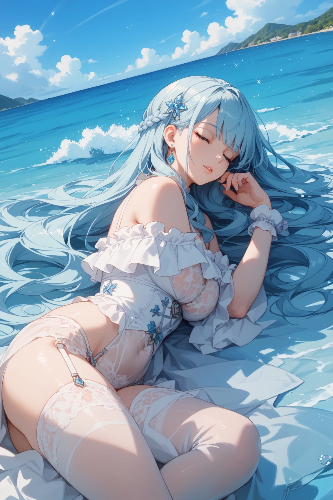 （Enrich the picture，Masterpiece level quality）Beautiful 8K CG artwork，Goddess-like posture，sittinng on the river，Postural exercises，Slim and soft，Translucent skin，Blue hair、The beauty of extra-long hair, Super Long Straight Hair，The skin is fair and juicy，Big breasts underwear uniform，Perspective Part 1.2x enhanced silhouette effect，Exquisite transparent blues pattern in pajamas，The details are intricate and exquisite，The background is slightly blurred，Charming and lustful leg seduction，Drool，J Cup Super Big Breasts，Blush，Japan goddess，Perfect body slim curves，Scene by the sea，