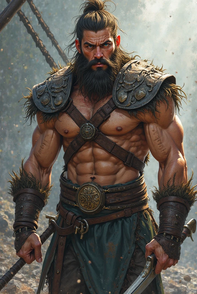 Braunhaariger Mann, Skin scars, Vikings, full beard, Powerful behaarte Brust, shirtless, wearing a short loincloth, intense look, Powerful, muscular, broad shoulders, large chest muscles, RPG art style, Fantasy Art