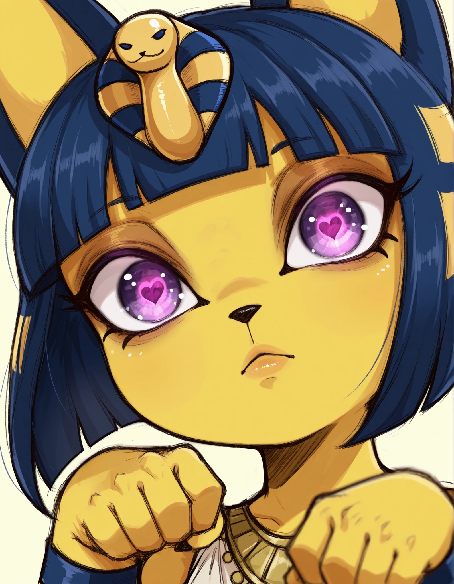 Aer0 Zer0 Style, ΛΞR0 ZΞR0,, depth of field, 1girl, furry, ankha \(animal crossing\), expressionless, eye reflection, yellow background, yellow theme, blue background, desert,, purple eyes, glowing eyes, wide-eyed, paw pose, looking at viewer, close-up, parted lips,