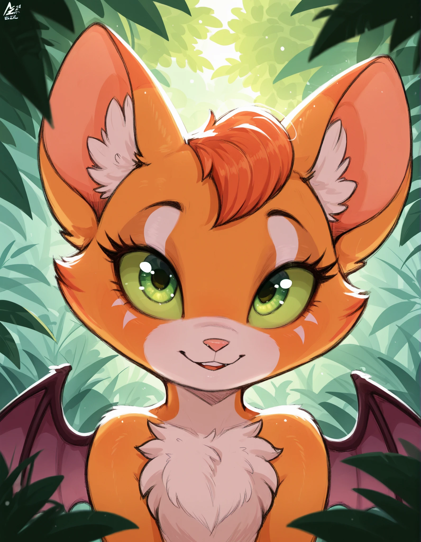 Aer0 Zer0 Style, ΛΞR0 ZΞR0,, masterpiece, best quality, very aesthetic, (1girl:0.7),, (solo:1.3), furry, fidget \(elysian tail\), nimbat, fidget_daet, anthro, furry female, wings, tail, green eyes, colored sclera, bat wings, facial markings, orange fur, white fur, two-tone fur,membranous wings, fluffy, portrait, big eyes, young, BREAK, masterpiece, best quality, high quality, particles effect, [:by Desubox:0.15], [:by Anchee, by Snowskau:0.55], detailed background, detailed foreground, subtle shadows, depth of field, backlighting, plant, nude