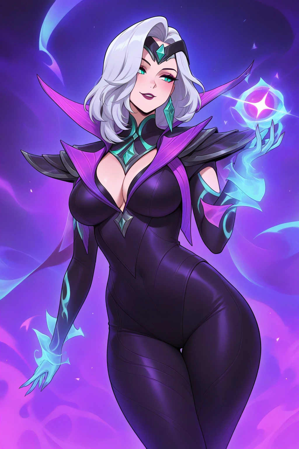 elf woman, witch, busty, short white hair, short hair, dress