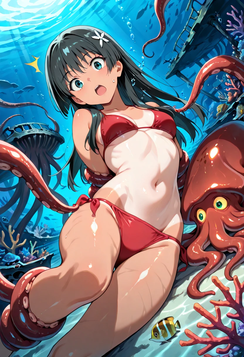 Agile swimsuit、cabelos curtos、messy blue hair、small head、Grandes olhos azuis、Olhar desesperado、Teary、Yodare、Adorable A Girl、Giant powder、multiple eyes、Pernas de polvo gigantes saltam sobre uma menina、A giant octopus foot attacks a girl's crotch、Ahe Menina Cara