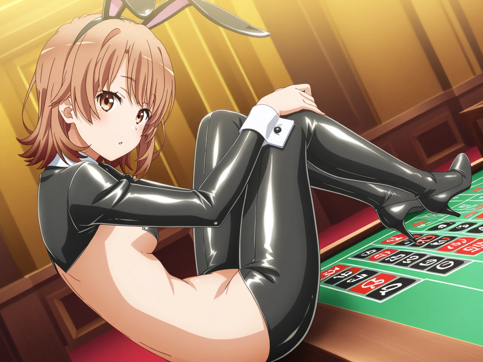 score_9, score_8_superior, score_7_superior, sauce_anime, One girl, alone, whole body, From the back, One girl,alone,Glowing Skin, On all fours, Stick your butt out, Glossy buttocks, cute, whole body,score_9, score_8_superior, score_7_superior, ブレークsauce_anime, CG, Yellow bunny ears, blush, Blue Eyes, Open your mouth, Embarrassed and angry face, Detachable white collar, Yellow bow tie, clavicle:1.2, Exposing shoulders:1.8, Slight cleavage, Bust 73cm, Height: 140cm, , yellow strapless leotard:1.9, Yellow Playboy Bunny, White wrist cuffs, High leg:1.8, Thong:2.9, White rabbit tail, Nothing underneath the leotard:1.9, Yellow Pin Heels, View your viewers, casino, camel toe:0.5