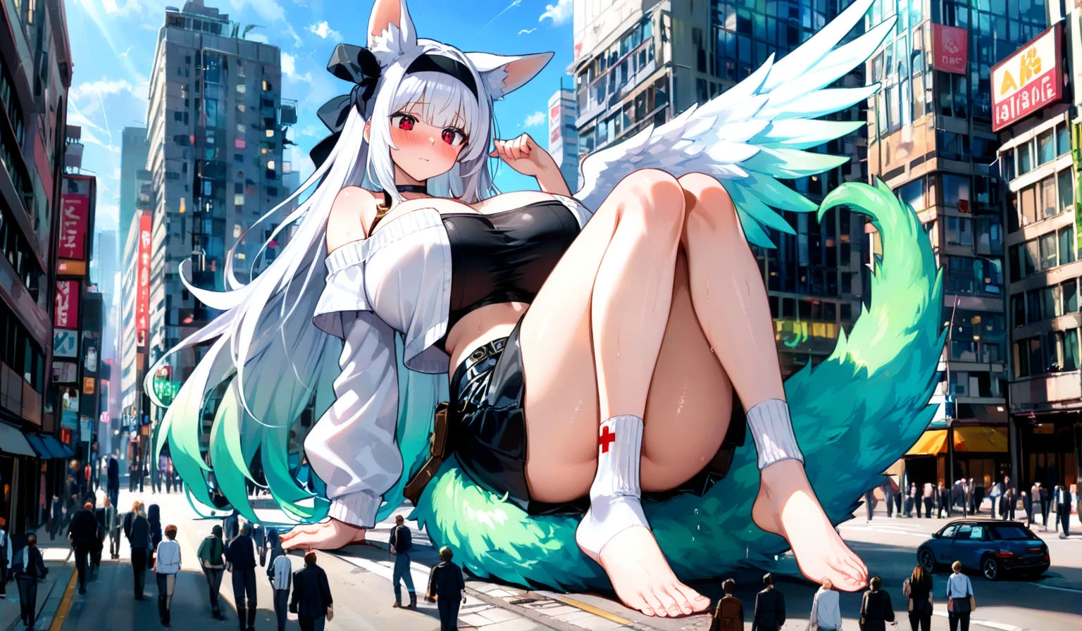 score_9, score_8_up, score_7_up, source_anime, break,  pretty sexy 1girl, Expressiveh, detailed eyes, Uncensored, Erotic, lustful, rutting, seduction,
Sitting high above the city, face focus, white feathered wings, looking at viewer. The atmosphere around her is dark and somber, reflecting her inner turmoil and resilience. The background is a desolate, barren landscape with a brilliant,
warm cloud filled twilight sky, unique angle,solo,bare foot,feet focus, sitting, from below
ponygirl,middle breasts, cleavage, white  hair, red eyes, red leather collar, :3, blush, (white horse's tail, red hoof hooves:1.5), leather horsewhip,  (black Smooth soft catsuit:1.3),  depth of field, light particles,
<lora:detailed_notrigger:1> <lora:Expressive_H:1><lora:naipf:0.8>