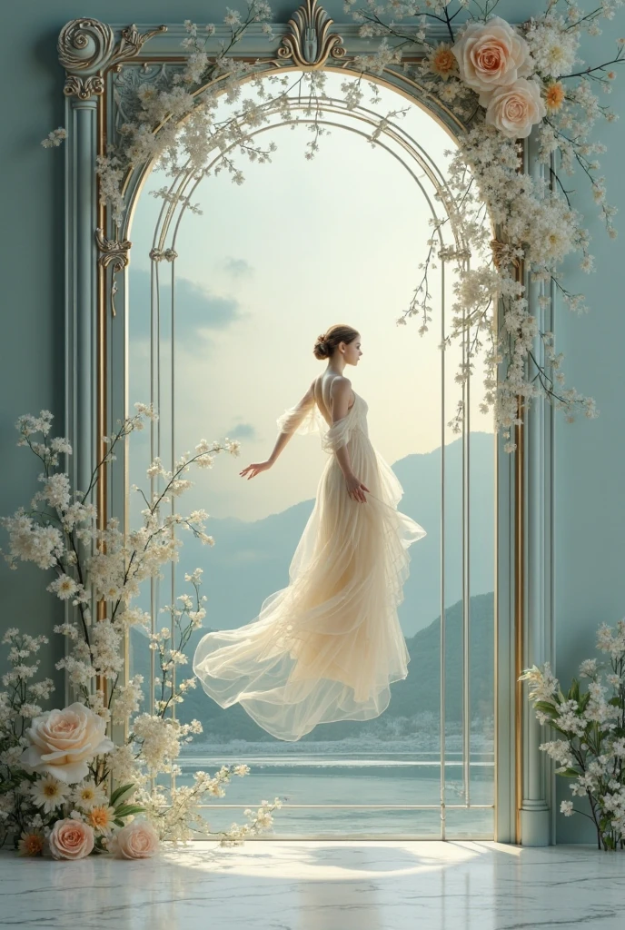  На goldй красивой художественной лестнице, Curved, interesting shape, there is a cute blonde girl standing, in extravagant clothes, away from the light fog around and at the feet, minimalist, elegant, pure gentle, Soft bright light, veil, sheer curtains, lace beautiful lingerie, beautiful white staircase with blue flowers along the entire staircase,, photorealistic. Giant single dark blue orchid , with huge and long dark blue petals. (petal made of thin and soft tulle, flowing petals full background,  Mix of pink smoke and fog effects from colored blue fog on the ground and petals). Extravagant, beautiful woman full length, nice legs, shoes, , lace,gold, white staircase, strewn with pale pink , screw gold things,, stair, U-shaped, curved and wooden .