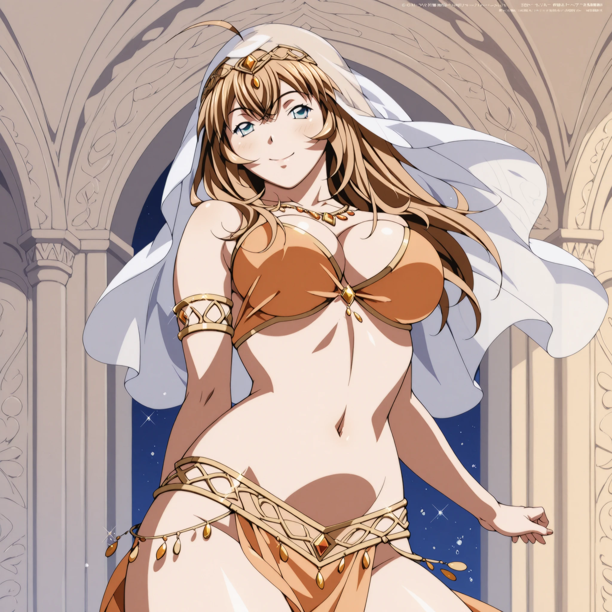 (1girl:1 . 5) , (Seul:1 . 5) , score_9 , score_8_haut , score_7_haut , source_anime , Official work  , ultra-detailed , masterpiece , best quality , high res , beaux yeux , detailed eyes , detailed face , beautiful detailed eyes ,Ikkitousen,Chuubou Sonken, Arabian Clothes , Arabian Dancer ,belly dancer costume , golden jewelery,armlet, belly dancing, arabian garden ,  smile, dancing with veil, dynamic movement,  pose,sexy pose