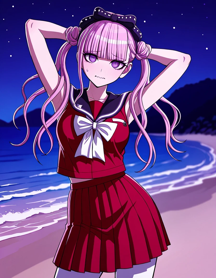 kako, pink hair, purple eyes, twintails, double bun, bow, blunt bangs, red serafuku, black sailor collar, red skirt, sleeveless, white pantyhose, high quality, closed mouth, solo, cowboy shot, night sky, beach, arms behind head, ((contrapposto)), looking at viewer, wavy mouth, shy, best quality,