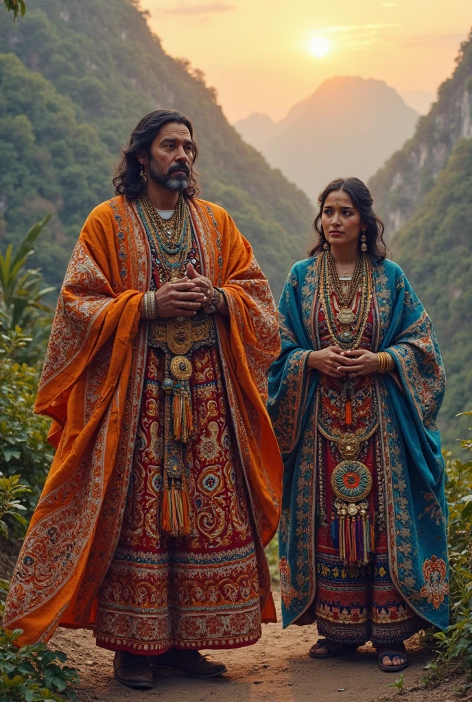 You can generate an image of a couple wearing beautiful clothing from the Vicús culture