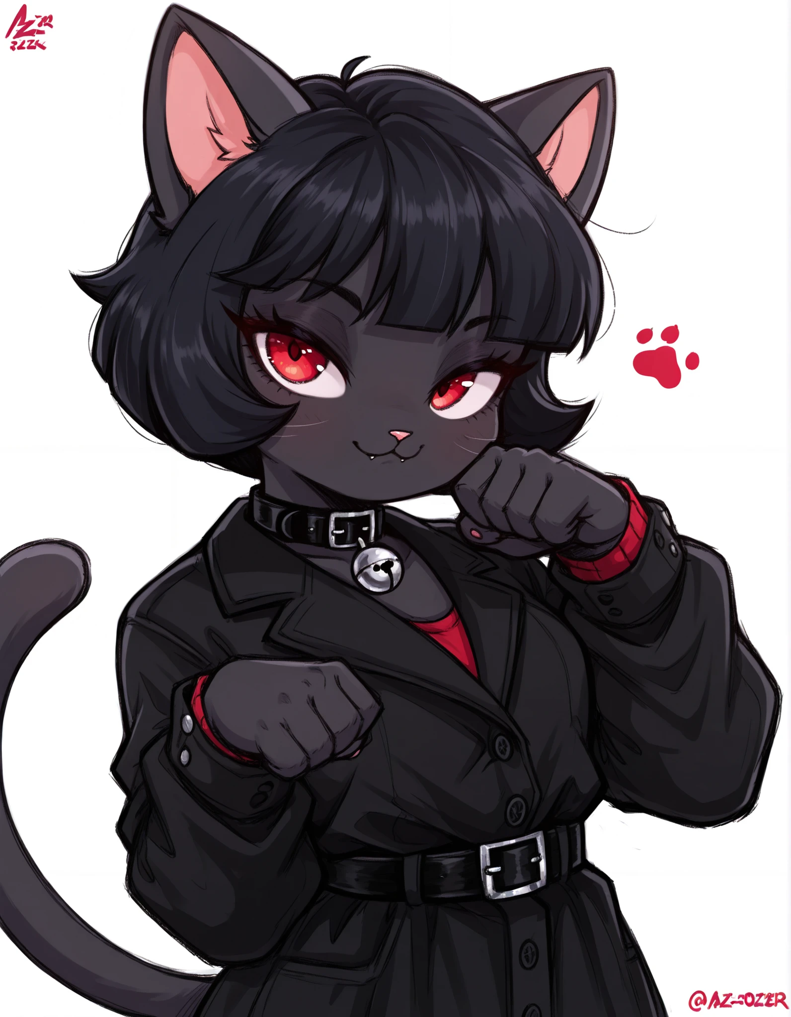 Aer0 Zer0 Style, ΛΞR0 ZΞR0,, masterpiece, best quality, very aesthetic, 1girl, solo, white background, looking at viewer, portrait, paw pose, :3, furry female, cat girl, animal ears, black hair, short hair, black skin, red eyes, cat tail, black jacket, buttons, long sleeves, black belt, collar, masterpiece, best quality,