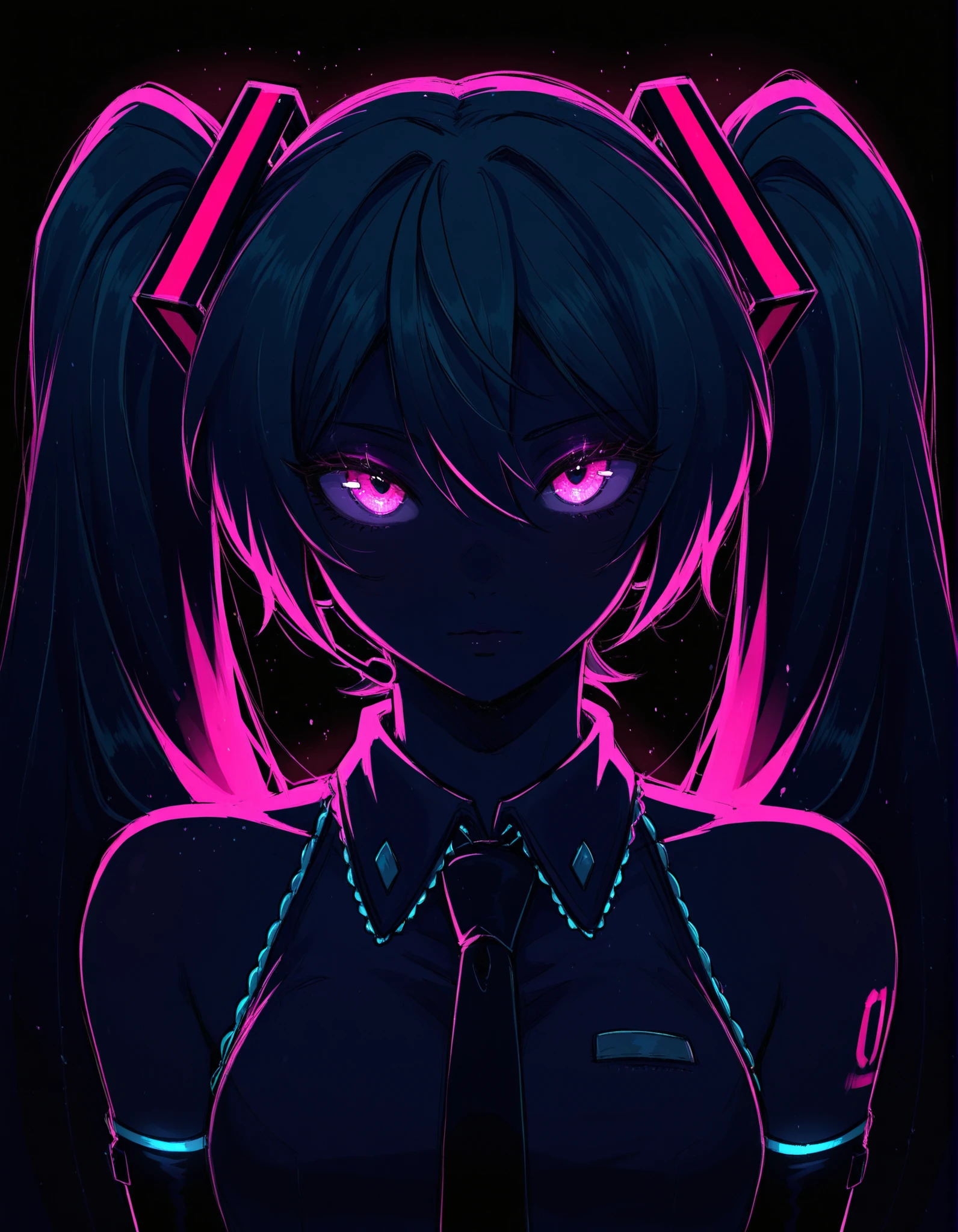 Aer0 Zer0 Style, ΛΞR0 ZΞR0,, Hatsune Miku,limited palette,black background,colorful,vibrant,glowing outline,neon,blacklight,looking at viewer, masterpiece, very aesthetic,