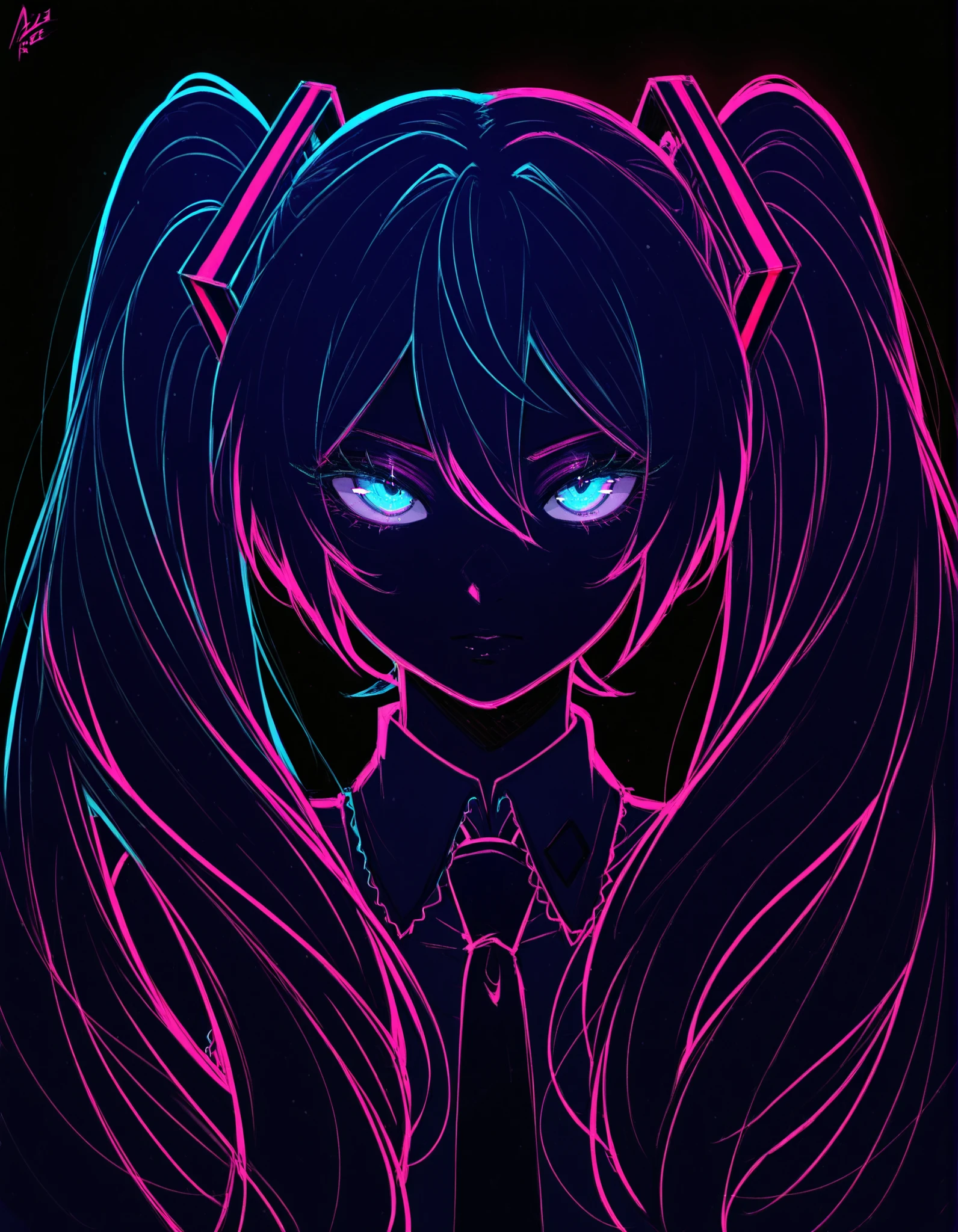 Aer0 Zer0 Style, ΛΞR0 ZΞR0,, Hatsune Miku,limited palette,black background,colorful,vibrant,glowing outline,neon,blacklight,looking at viewer, masterpiece, very aesthetic,