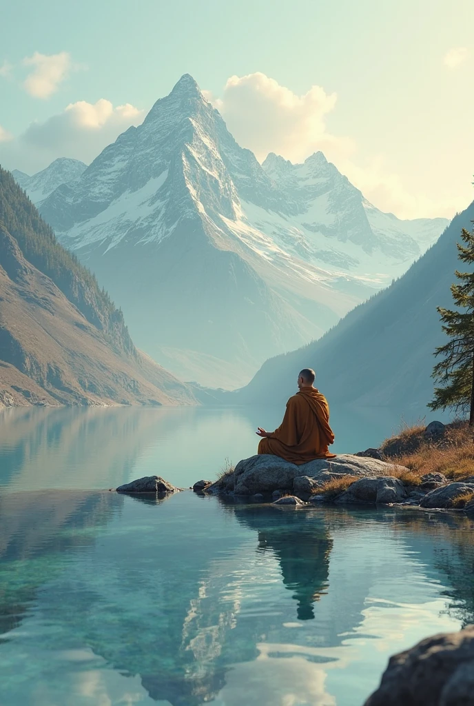 Person meditating. Loose Clothes. large and beautiful landscape of the small river valley. Dreamlike and fantastic world. Feeling of contemplation. Symbols of nature. strong and vibrant colors. cinematic lighting.