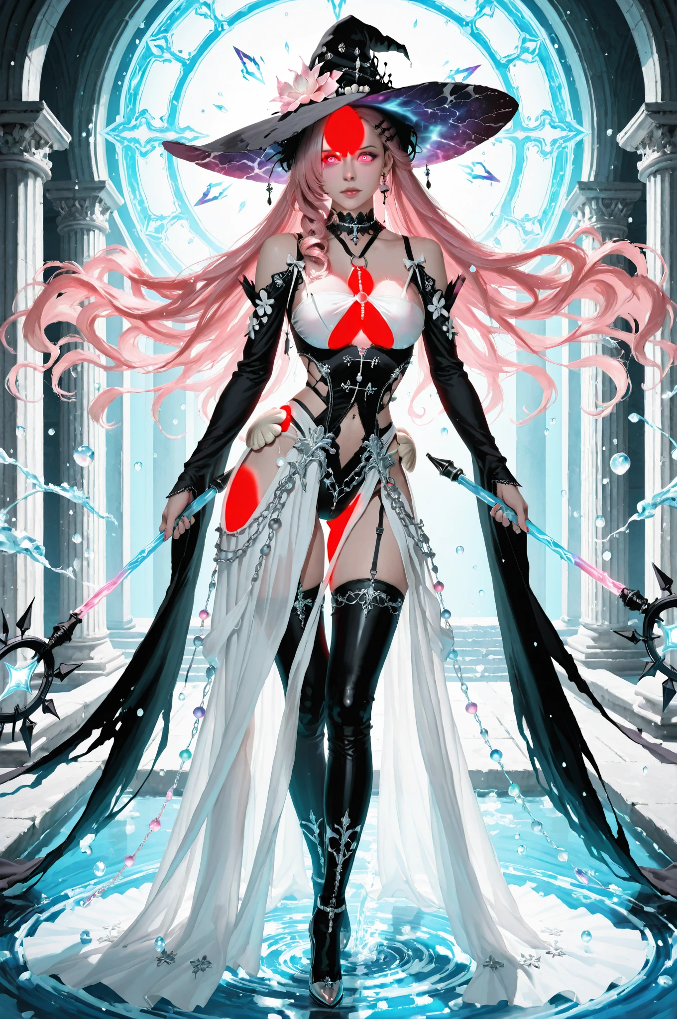 highest quality、Surreal、Perfect Anatomy、Crowded busy street、Surrounded by spectators、Crowd、Wet and shiny white skin、Sweat dripping all over the body、Slender model figure、Ahegao、Silver and pink hair、soaked、Super small face、Collars and Leads、Large cleavage、Cyberpunk City、photo shoot、Countless Swordicro Bikini、The lower half of the body is covered with cloth、