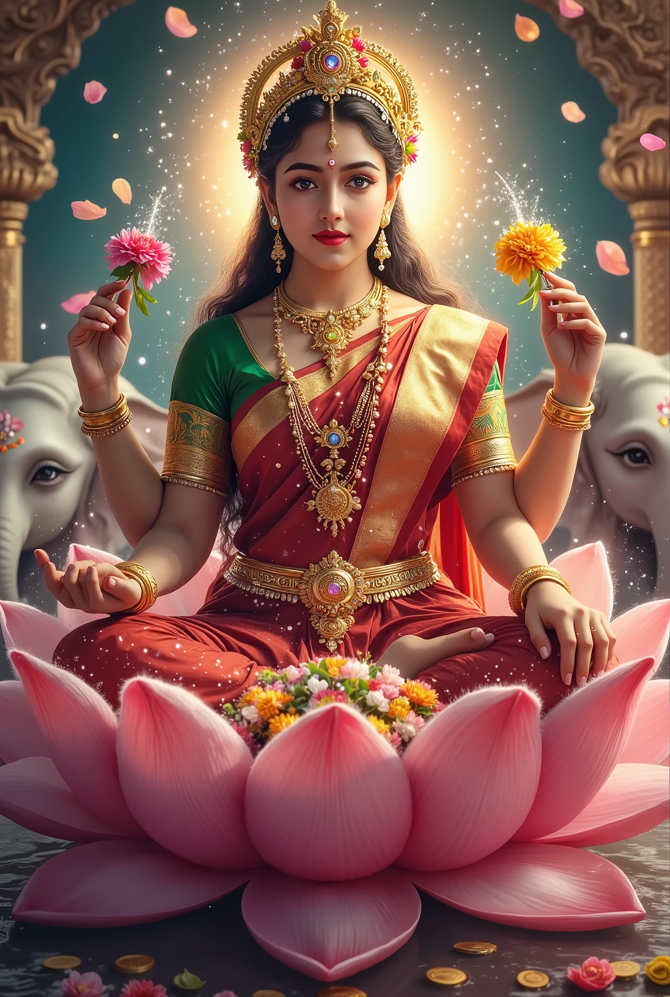 Divine portrait of Goddess Lakshmi in traditional Hindu iconography, seated gracefully on pink lotus throne, four arms holding sacred symbols - golden lotus flowers, coins showering prosperity, elegant red and gold silk saree with intricate embroidery, precious jewelry adorned with rubies and pearls, celestial golden aura, peaceful divine expression, third eye marking, traditional bindis and temple jewelry, two white elephants sprinkling water, cosmic background with floating lotus petals, warm divine lighting, photorealistic digital art, detailed ornate temple architecture, peaceful spiritual atmosphere, professional photography style, 8k resolution, cinematic lighting