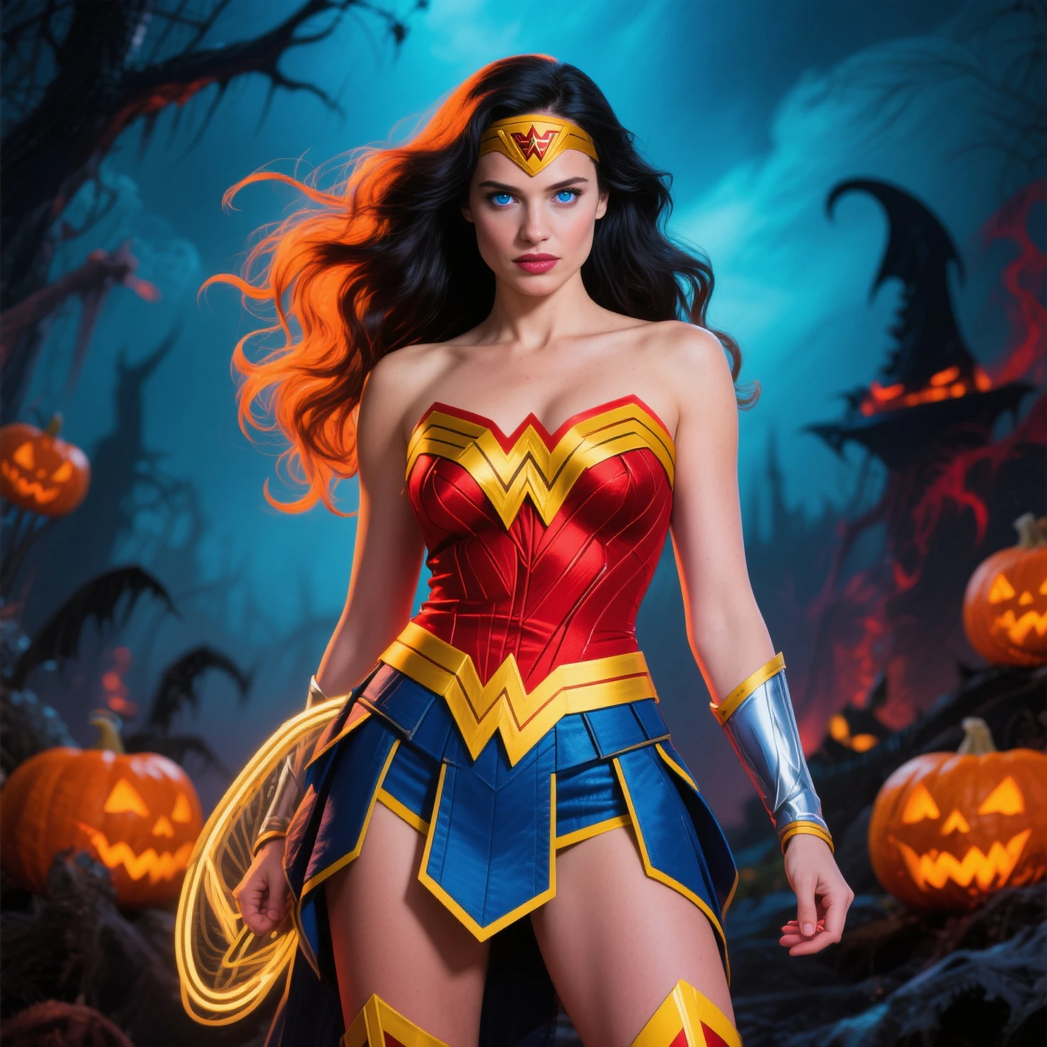 Buxom blonde Wonder Woman, blue eyes, cleavage, choker, on her knees inside a haunted pumpkin patch at night