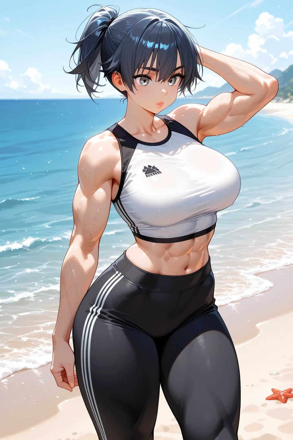 brunette color hair，longponytail，Girl in the sun，Strong abs，Muscles all over the body，Strong thighs，The biceps are huge