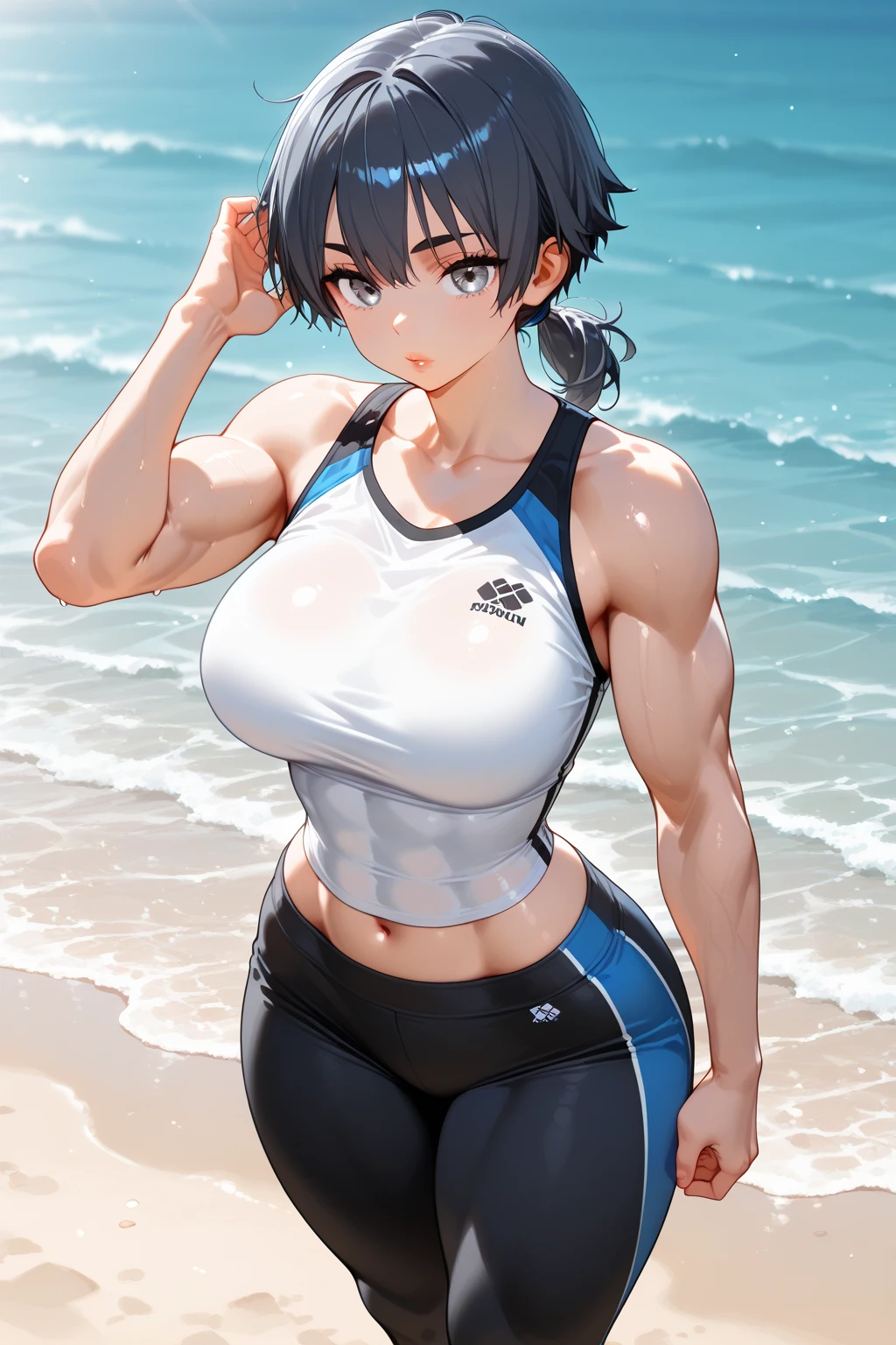 masterpiece, best quality, ultra-detailed, Potrait of beautiful , (chubby) (muscular), (plump), (sexly), (cleavage), ((tomboy)), (アニメ), (Breasts), (Plump), ((very short hair)), ((casca (Berserk))), (overweight), (Black Hair), ((Saggy breasts)), (Short Hair), (blue eyes), ((thick)), (swimsuits), (tan)