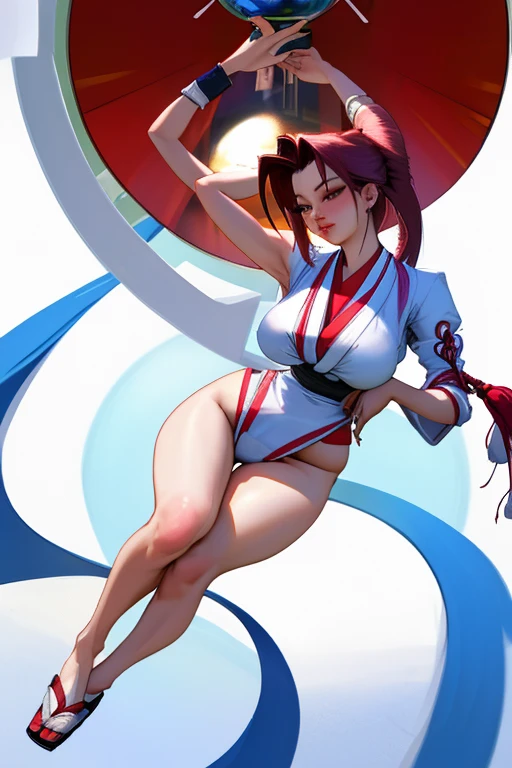 Kei from The Dirty Pair wearing a skimpy white outfit, cleavage, green headband, bushy red hair