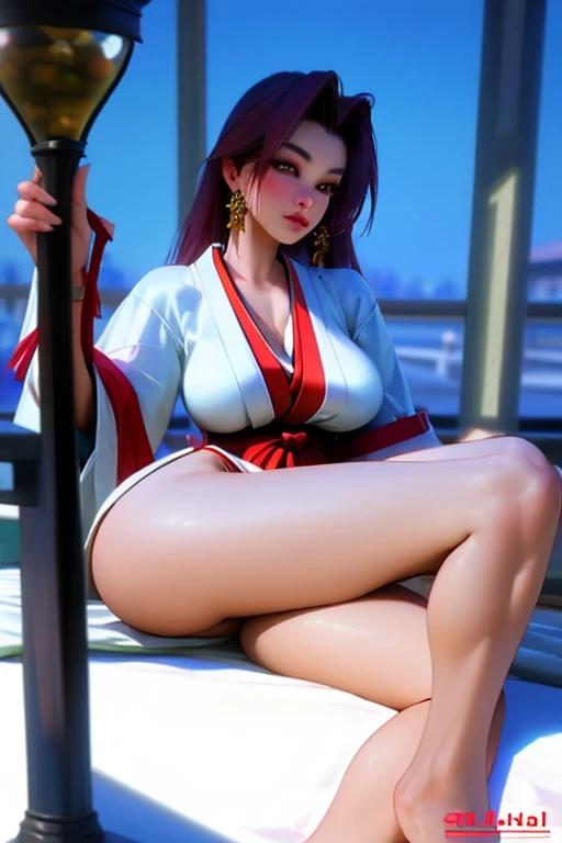 (nsfw:1.2), (8k, RAW photo, best quality, masterpiece: 1.4), ultra high definition, (realistic, photorealistic: 1.48), 20 yrs old, cute girl, (open split red dress with sexy high heels:1.48), Japanese famous actor, (purple hair:1.4), long hair, (hair over one eye:1.3), blue eyes, head tilt, sitting position, fullbody, from the side, looking at viewer, expressionless,  beautiful lake, Zeiss 150mm f/ 2.8 Hasselblad, whole body, foot, super wide angle,beautifull ultra detailed hands