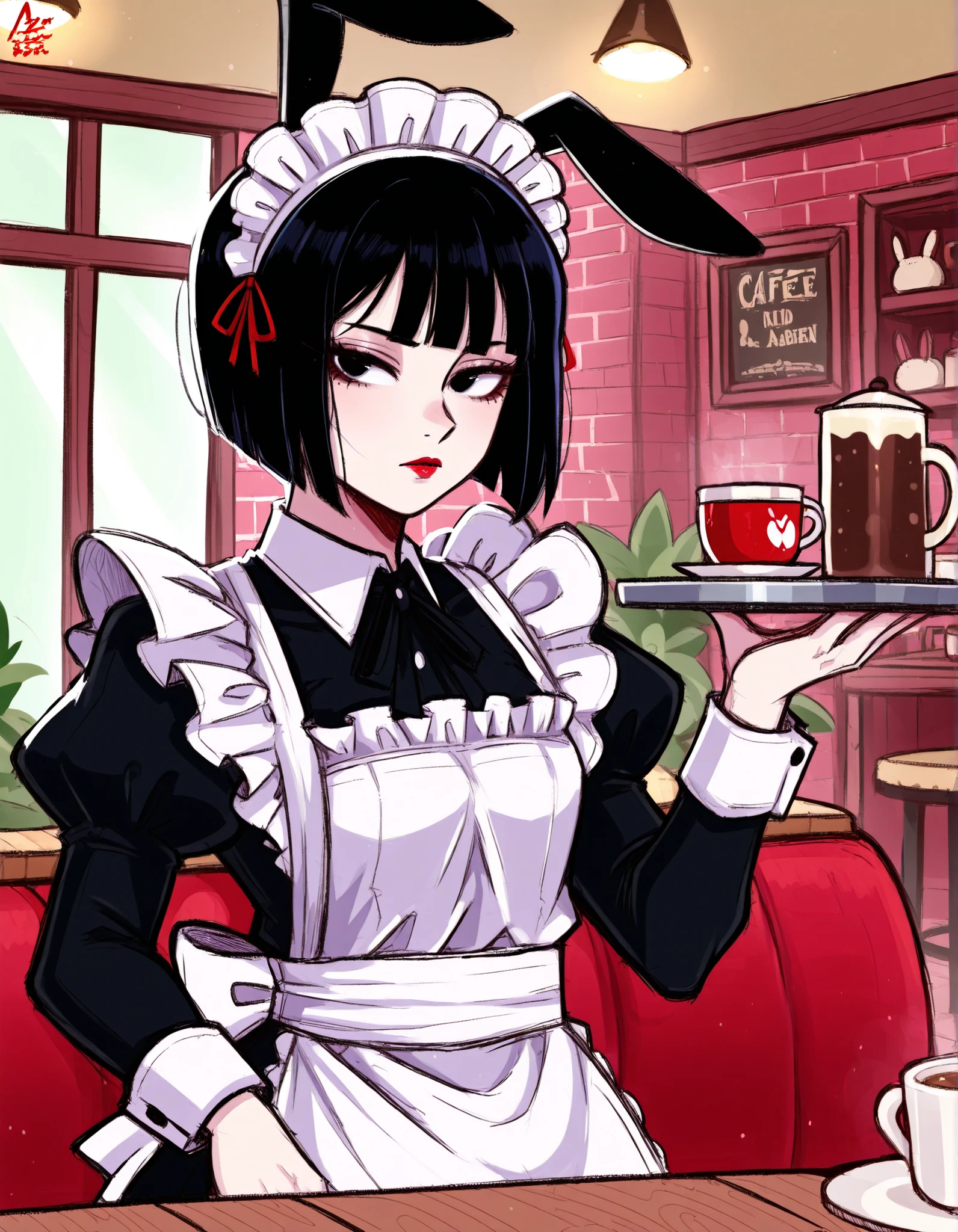 Aer0 Zer0 Style, ΛΞR0 ZΞR0,, solo, Maya Hell,black eyes,dark hair,bob cut,Maid Outfit、White Apron、White Headdress、 with rabbit ears、cafe,