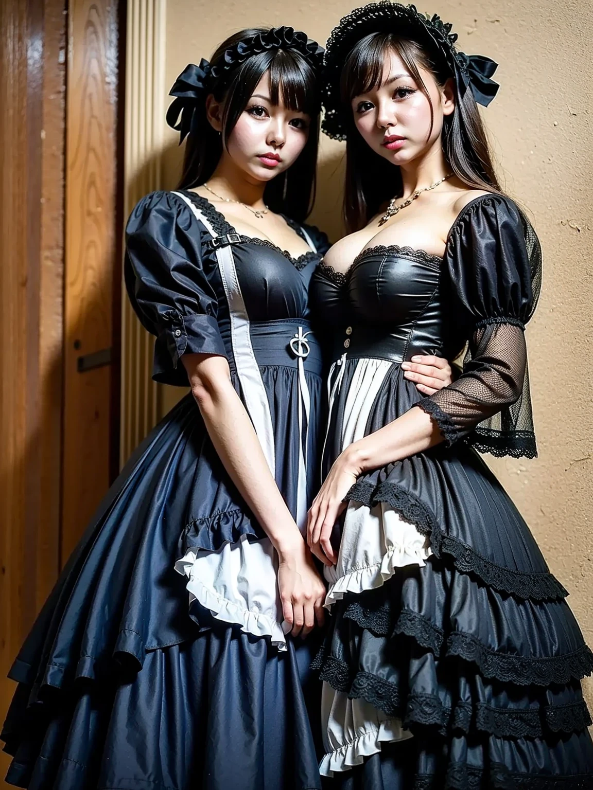 (Tabletop:1.0), (highest quality:1.4), (High resolution:1.2), (Realistic:1.4),(From below:1.5), (8k, RAW Photos:1.2), (Soft Focus:1.4),break,There is 2girls wearing latex gothic lolita  who is standing on the street and Embrace each other and smiling and taking pictures.............................................................,Lesbians all over, (Embrace each other:1.2),break,彼女は半透明のlatexのゴシックロリータを着ている,(Translucent Gothic Lolita:1.3) ,(Semi-transparent bubble skirt:1.4),break,Slime Skin,Sleek and Tight Gothic Lolita, Clear skin,latex, Translucent body,latex Shiny,Detailed hand and fingers,(Shinylatex製の茶色の手袋:1.5), Gloves that feel right next to your skin,break,Bob Hair,glossy Shiny reflective,Natural Makeup,Japanese Goddess, Glowing Skin,Gorgeous Japanese Model,Shiny,Shiny,slimy,(Shinyサイハイブーツ:1.2),break,Detailed Background,Inside the castle