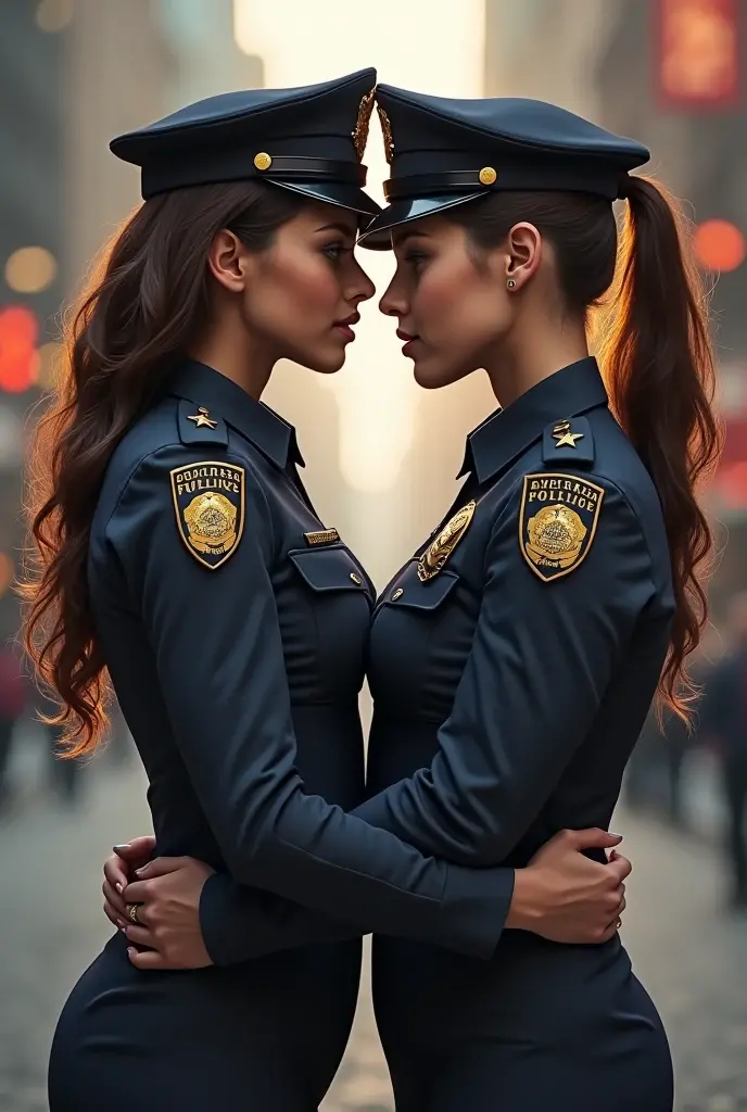 masterpiece,best qualtiy,hdr, hyper HD, 8K,Bokeh,Ultra-fine painting,Sharp focus,Physically-based rendering,Extreme detail description,portraitures,full-body photo，three Female police officers in a very tight buttoned uniform, leaning forward at viewer, (shag hair), Sexy smile, (in city in riot:1.2), (kissing:1.2), perfect eyes, perfect hands, perfect body, perfect hair, (huge breasts:1.3), (EOS R8, 50 millimeters, F1.2, 8K, RAW photo:1.2), photograph by arny freytag