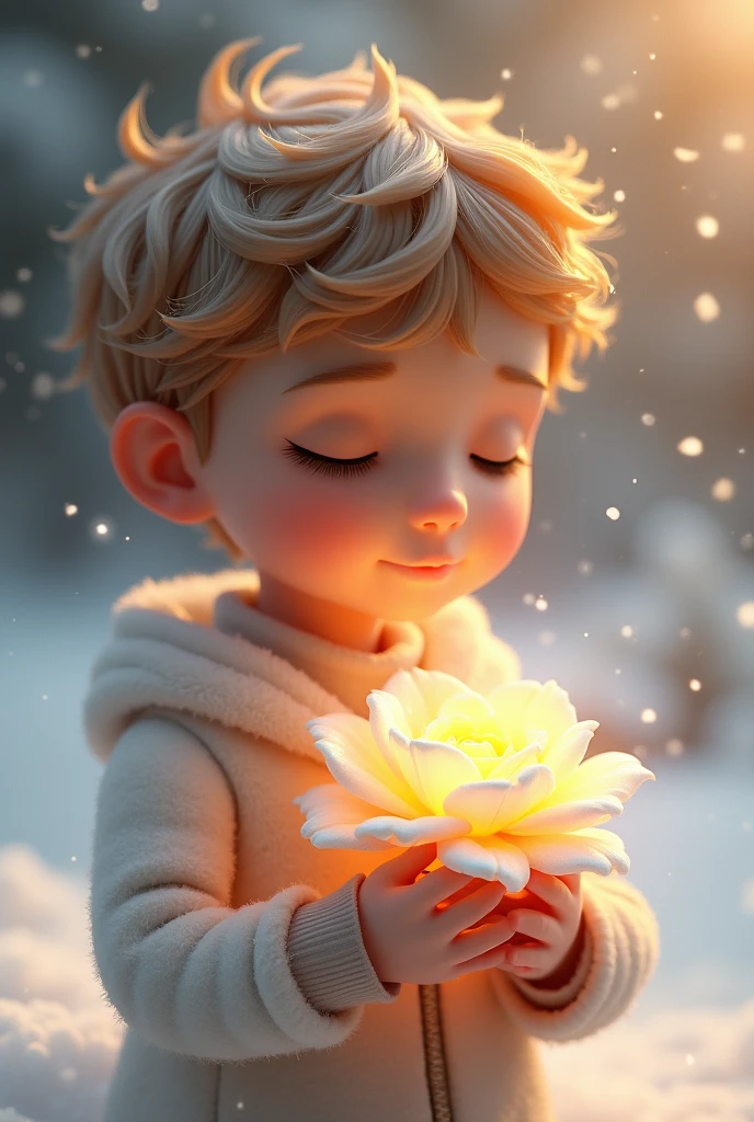 A fantastic video in space of a blonde boy gazing at a red rose
