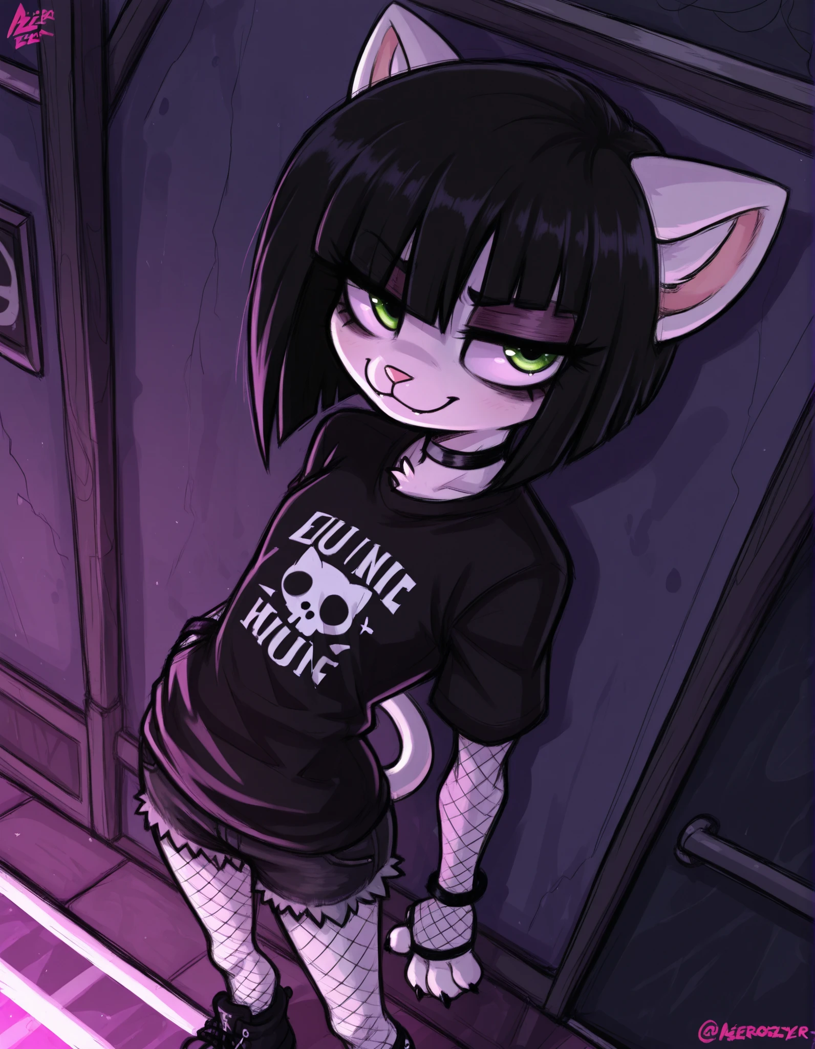 Aer0 Zer0 Style, ΛΞR0 ZΞR0,, volumetric_lighting, chiaroscuro_lighting, vibrant, shaders, high_angle, against_the_wall, arched_back, 1girl, interior, solo, detailed, furry, cat, skinny, smug, ((cute_clothes, emo, fishnets)), white_fur, cute, claws, stare, soft_light, stylized, SuchHorriGir,