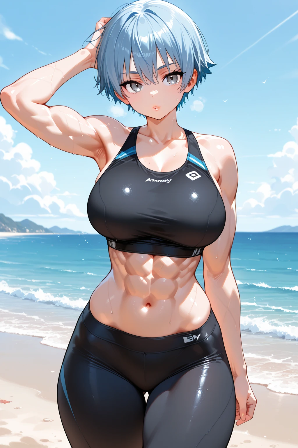 1girl, solo, short hair, sidelocks, bob cut, dark purple hair, purple eyes, swimsuit, black bikini, medium breasts, woman, standing, hands on hips, happy, looking at viewer, narrowed eyes, small smile, closed mouth, athletic body, muscular, beach, ocean, sunset, backlight, looking away, masterpiece, score_9, score_8_up, score_7_up
