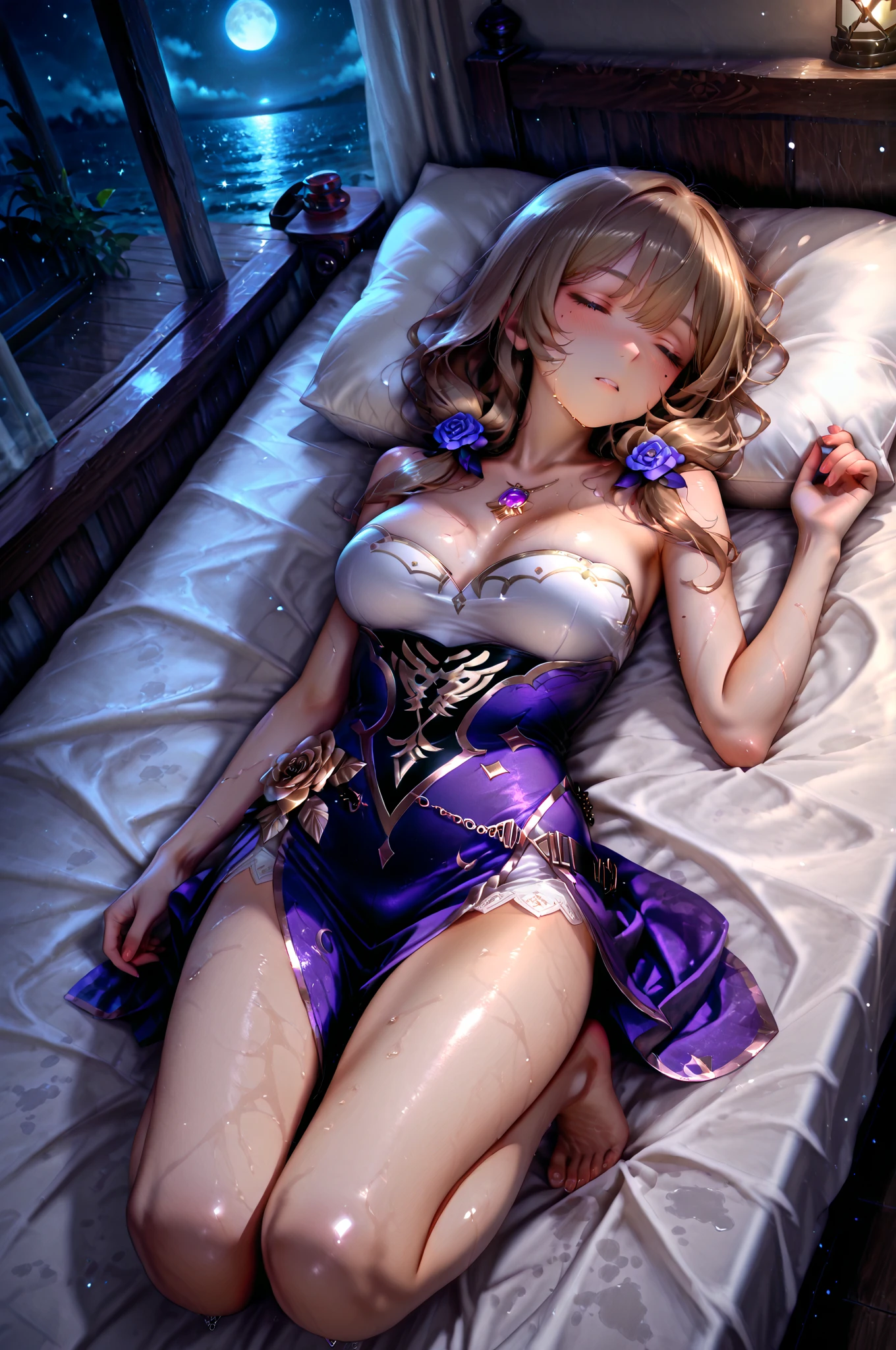Dark style、Succubus、Devil's Daughter、Bat Wings，(((Demon Hornlack-rimmed round glasses))))、(((Colossal tits)))、(Devil's Tail),（Woman lying on bed）1 girl, Silver hair, striated hair, Bangs, Blunt bangs, Long hair, Pink hair, aqua eyes, longeyelashes, Purple eyes, makeup, Smile, Parted lips, Realism, Verism, surrealism, depth of fields, One-person viewpoint, retinas, masutepiece, ccurate, Anatomically correct, Textured skin,（Coarse short sweater）Floats off the shoulders、off shoulderlack tight skirt（（Full Body Angle））、stick out buttocks）、（shapely breasts,)、((sexypose)))、(camel's toe), tongue、Vaginal orchids、Runny Vaginal Discharge、Blowing tide、Very beautiful breasts、Grasp your breasts with both hands、sexual excitement、 Expressions、shinny skin。realisitic、(Kpop Idol)、Medium Hair、(Pink blush)、(illuminating)、(solo)、dynamicposes、((erectile nipple))、(Puffy eyes:1.２)、 (Slim legs)、erotick