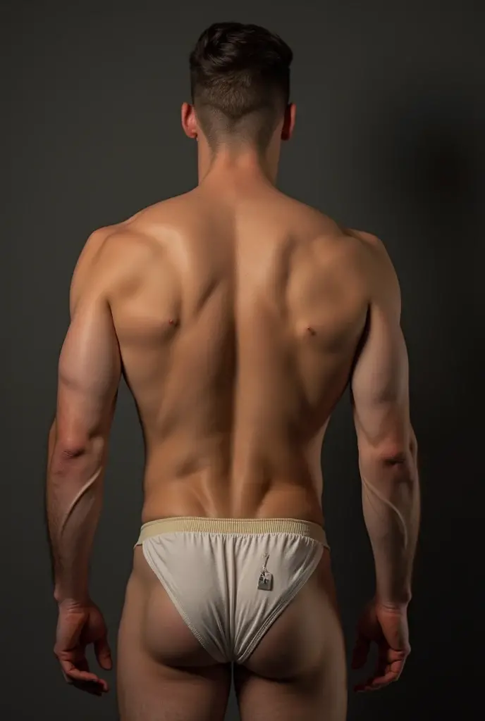 photorealistic，Tong，White good-looking thong，Asian shirtless abs rub moist, standing back, backward to viewers, showing huge male butt, round muscular ass, bubble butt, tight ass, back view, naked, you can see his beautiful big round butt,