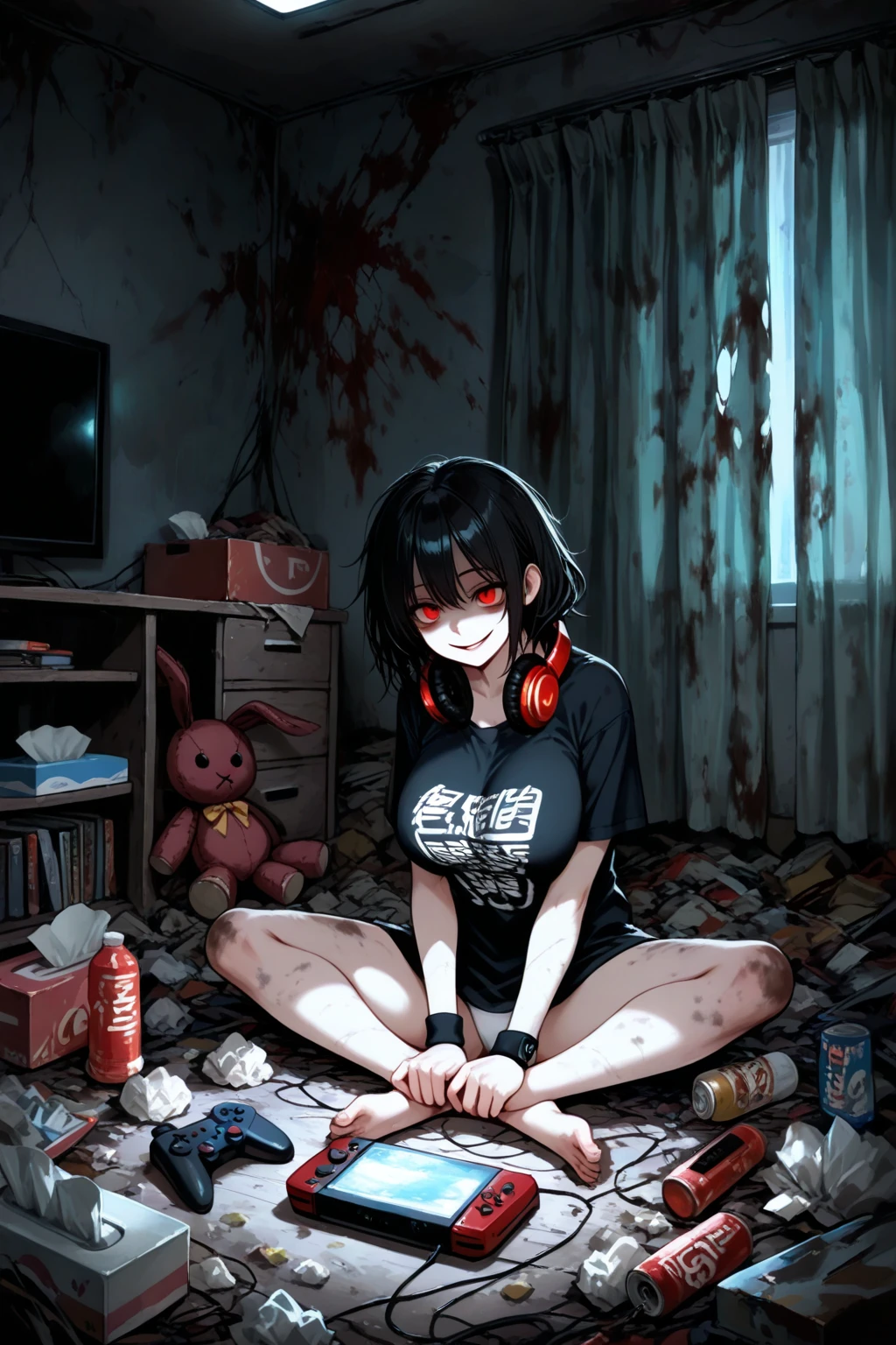 1 chica junkotvv, pelo negro, orejas de gato, flequillo y ojos rojos (sitting, under table, crying),