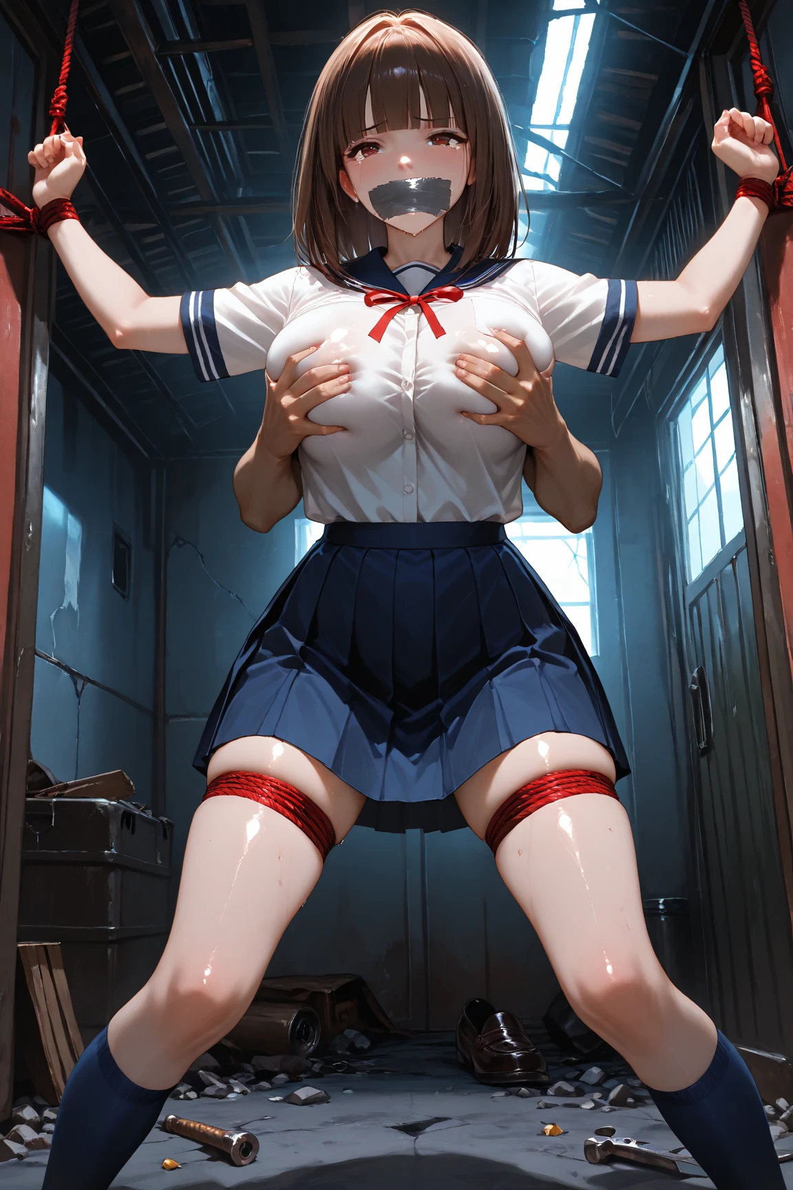 (Highly detailed CG Unity 8k), (Highest quality),(Very detailed),(Ultra-high resolution), 1 female, white cloth gag, uniform, Sailor suit, Rope Bondage, breasts Rope Bondage, hands back Rope Bondage, leg Rope Bondage, thigh Rope Bondage, (bust Rope Bondage:1.4), feet Rope Bondage, Put your arms behind your hips, Wrists tied, Tie your ankles, Gagged with a white cloth, Dark Blue Skirt, in the train, Blindfold, Feet together, Tie your ankles, Black Hair, high school girl, (Black Stockings:1.4), Black garter belt, Brown Loafers, Crying face, (White headband:1.4), Blur the background, Dripping saliva, Stuff a white cloth in your mouth, Hang upside down from the ceiling,