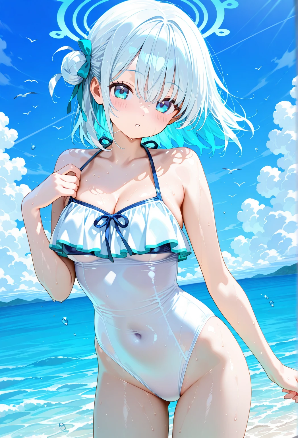 ((((Fluttering swimsuit Ocean)))) (((Gray Hair short hair blue eyes woman))),((Splash sun cloud)),(Wearing a hat black smile), Showing teeth Shining Background Shining Edges