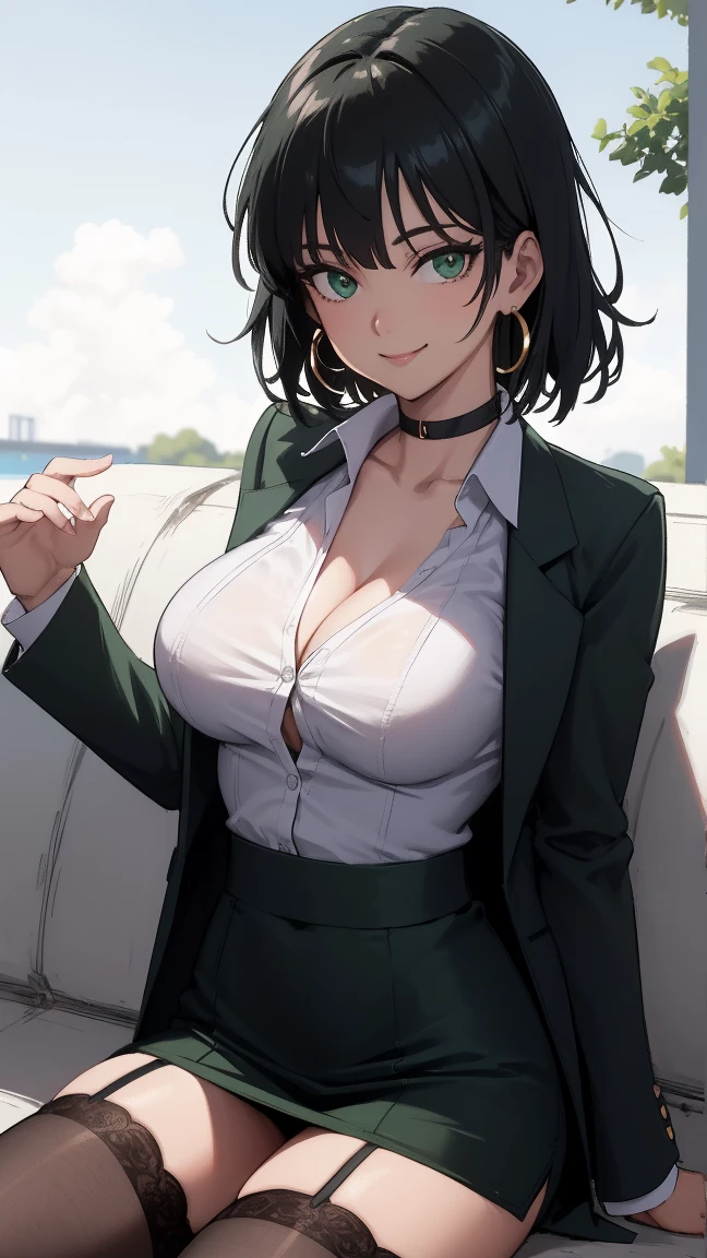 (day:1.7), outdoors, park, park_bench, plant, road,fence, grass,tree,
sitting at attention,sitting on couch,
(business outfit:1.2), blazer, shirt, cleavage, underwear, tight skirt, black choker, earrings, (stockings:1.25),
fubuki, black hair, green eyes, short hair, 
1 girl, 20yo,Young female,Beautiful Finger,Beautiful legs,Beautiful body,Beautiful Nose,Beautiful character design, perfect eyes, perfect face,
looking at viewer, (big_eyes:1.0),(Smile:1.3),
NSFW,official art,extremely detailed CG unity 8k wallpaper, perfect lighting,Colorful, Bright_Front_face_Lighting,
(masterpiece:1.0),(best_quality:1.0), ultra high res,4K,ultra-detailed,
photography, 8K, HDR, highres, absurdres:1.2, Kodak portra 400, film grain, blurry background, bokeh:1.2, lens flare, (vibrant_color:1.2)
(Beautiful,medium_Breasts:1.4), (beautiful_face:1.5),(narrow_waist),(perfect hands, perfect anatomy),