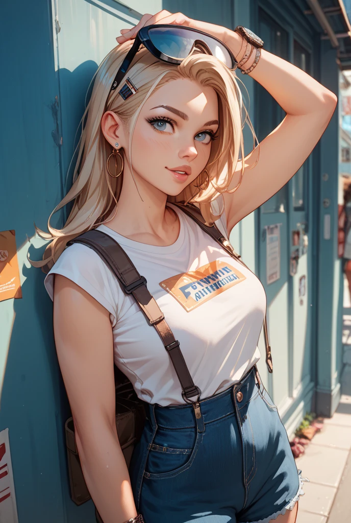 anime style, blonde hair, braid, baseball cap, twin braids, long hair, smile, multicolored jacket, white shirt, shortedium breast:1.2), BREAK looking at viewer, BREAK outside, BREAK (masterpiece:1.2), best quality, high resolution, unity 8k wallpaper, (illustration:0.8), (beautiful detailed eyes:1.6), extremely detailed face, perfect lighting, extremely detailed CG, adult woman, 25 years old, ((mature woman)), (perfect hands), (2heads:1.5)
