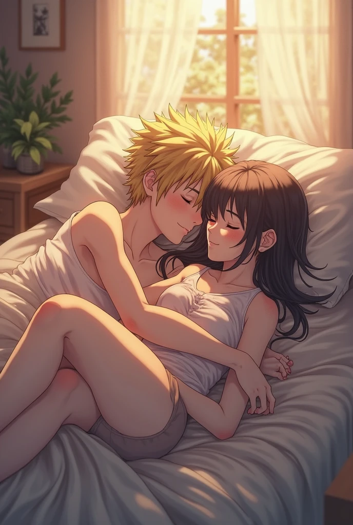 Izuku Midoriya and Himiko Toga from My Hero Academia, sleeping and cuddling in a bed at night, anime style, soft moonlight through window, intimate pose, peaceful expressions, Midoriya's green hair and Toga's blonde buns visible, shared blanket, dim bedroom setting, warm and cozy atmosphere