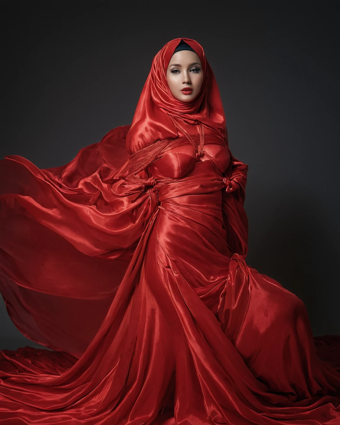 A woman shrouded in a 8-meter-long, plush red satin cloth, tightly bound and grandly draping along the form of her body, flowing off into a pooled floor-length train, styled in a mermaid-inspired outfit, her head modestly veiled in a satin hijab, 175 height woman, in studio photo, a full-body pose conveying a sense of elegance, captured in a 4k resolution, ultra-realistic