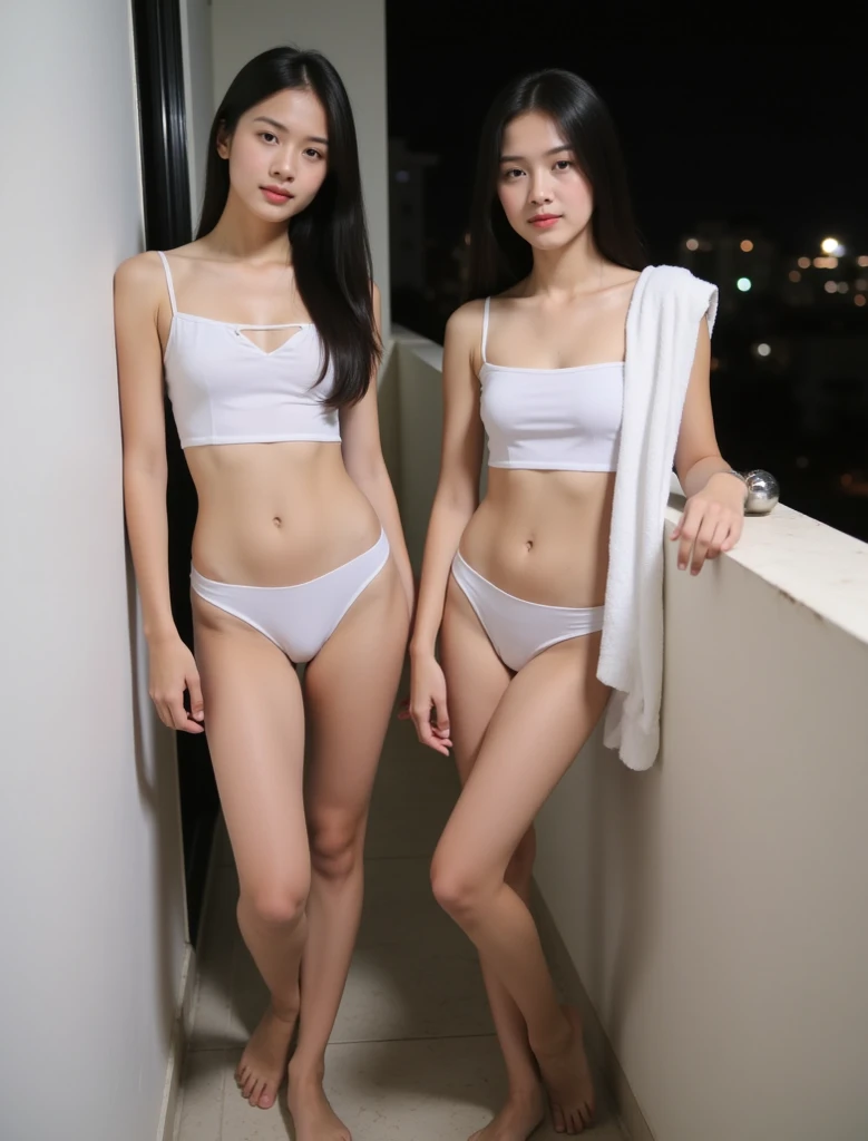 best resolution, 3 heads, Australian girl Instagram model three heads, 19 years old, youthful, wearing a white bikini top and white shorts posing for a picture, pale green halter top, halter top, profile pic, bralette, low cut top, low view, mid view, 19-year-old female model, bra and shorts streetwear, beautiful angle, blonde, white halter top, profile shot, blonde hair, red hair, black hair, different hair colors, full-body view, full body shot