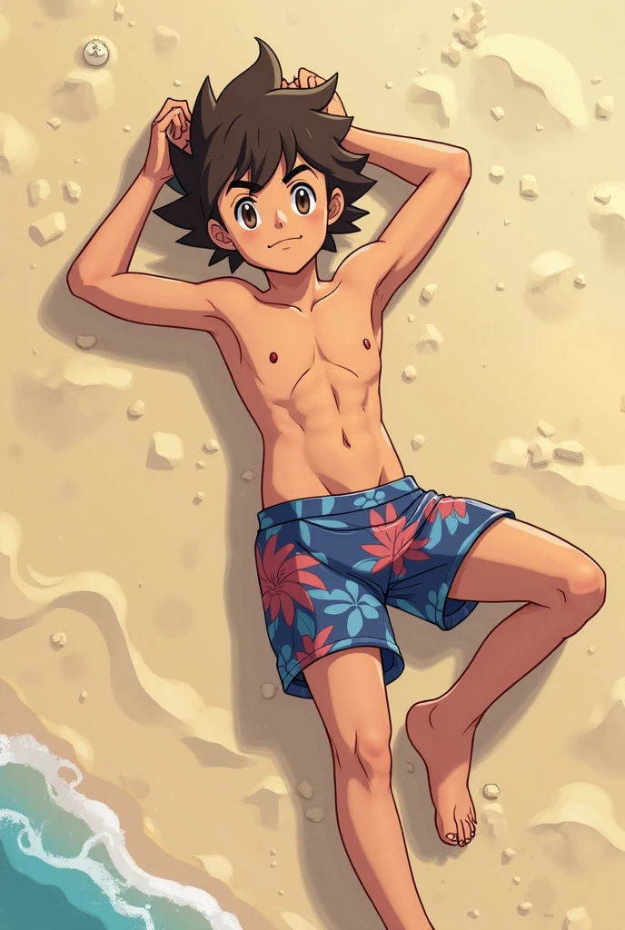 black hair, short hair, brown eyes, hair between eyes, ash ketchum, dark green shorts, open light blue shirt, shirtless, on beach