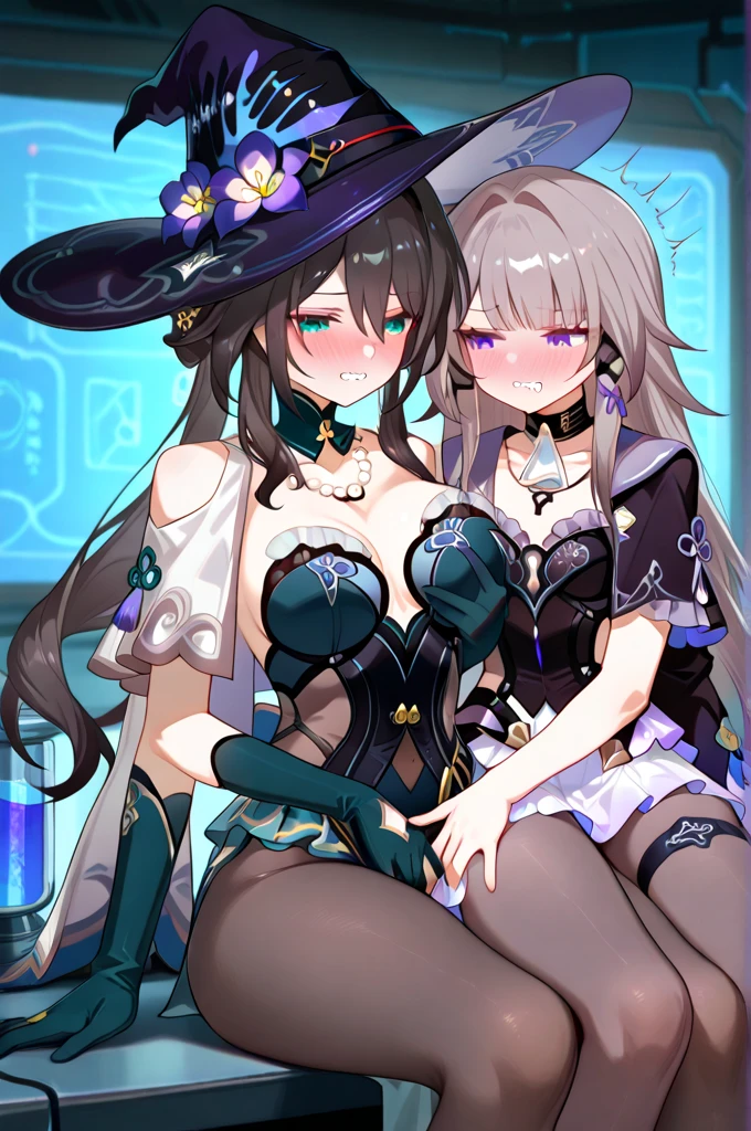 (((2 girls)), ray tracing, (dim light), [detailedbackground (bedroom))), ((silver hair))), ((silver hair)), ((((((girl with shaggy silver hair, plump and slim)) with a high ponytail))) avoid their golden eyes in the ominous bedroom (((the girls wear intricate embroidered black high-waisted pants with pantyhose and white ruffled bow gloves)) , because the girls sit together and touch each other very closely to show off their delicate slim figure and beautiful curves, correct limbs