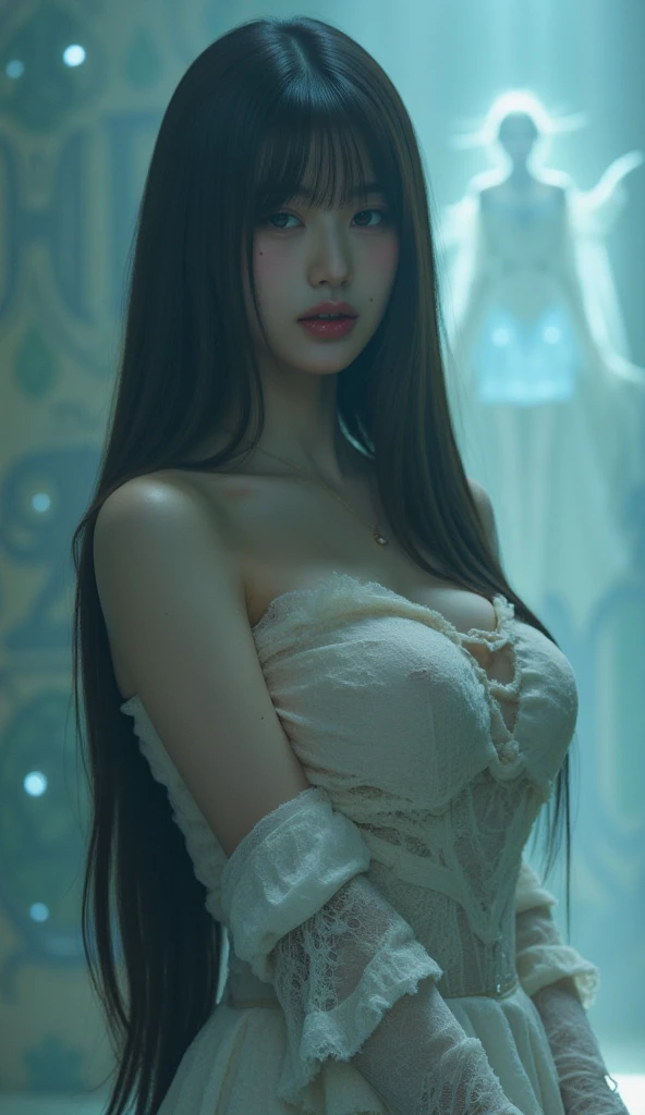 Japanese、Black Hair、Beautiful woman、Very large breasts、Resolve、A look of determination、Details of the skin、Dim lighting、looking at viewe、ghost、Suspicious world