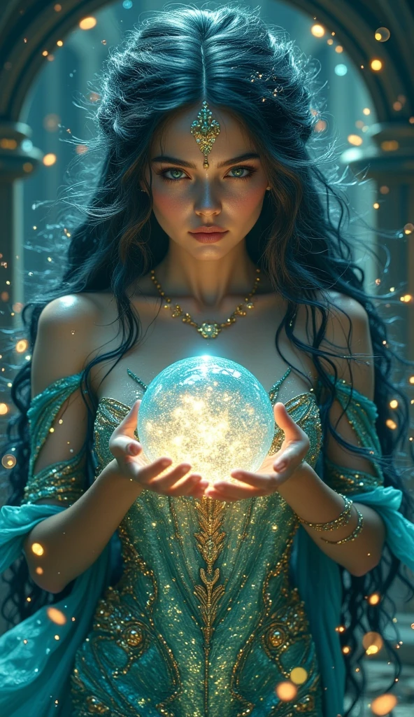 wavy long hair, mermaid, magic orb, detailed fantasy character portrait, ornate underwater palace, glowing magic orb, shimmering scales, flowing seaweed, bioluminescent plankton, 4k, highly detailed, masterpiece, digital painting, concept art, vibrant colors, dramatic lighting, photorealistic