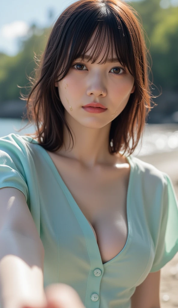 ((((masterpiece, best quality, high resolution)))), Extremely detailed 8K, Beautiful girl with voluptuous body, (Ultra HD, Ultra-detailed, Highly detailed, Highly realistic, Ultra-realistic, photograph realistic), (1girl:1.5), (Realistic white hair), short wavy black hair, bob cut, (dynamic poses), facing at camera, light smile, purple eyes, average breasts, (beautiful detailed face, beautiful detailed eyes), (white tank top, thin material), cleavage, dark jean shorts, glow, sweat, (sunbeam, sunlight)、Fishnet tights