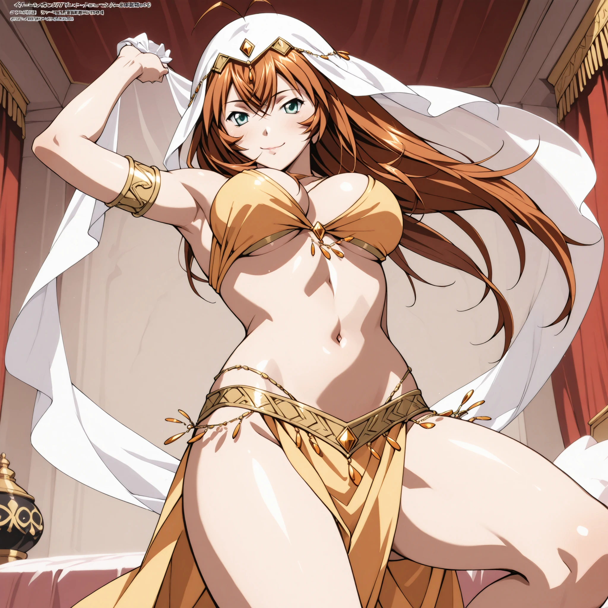 2d, masterpiece, best quality, anime, highly detailed face, highly detailed eyes, highly detailed background, perfect lighting, 1girl, solo, full body, standing, genie attire, belly dancer pants, red hair, amulet