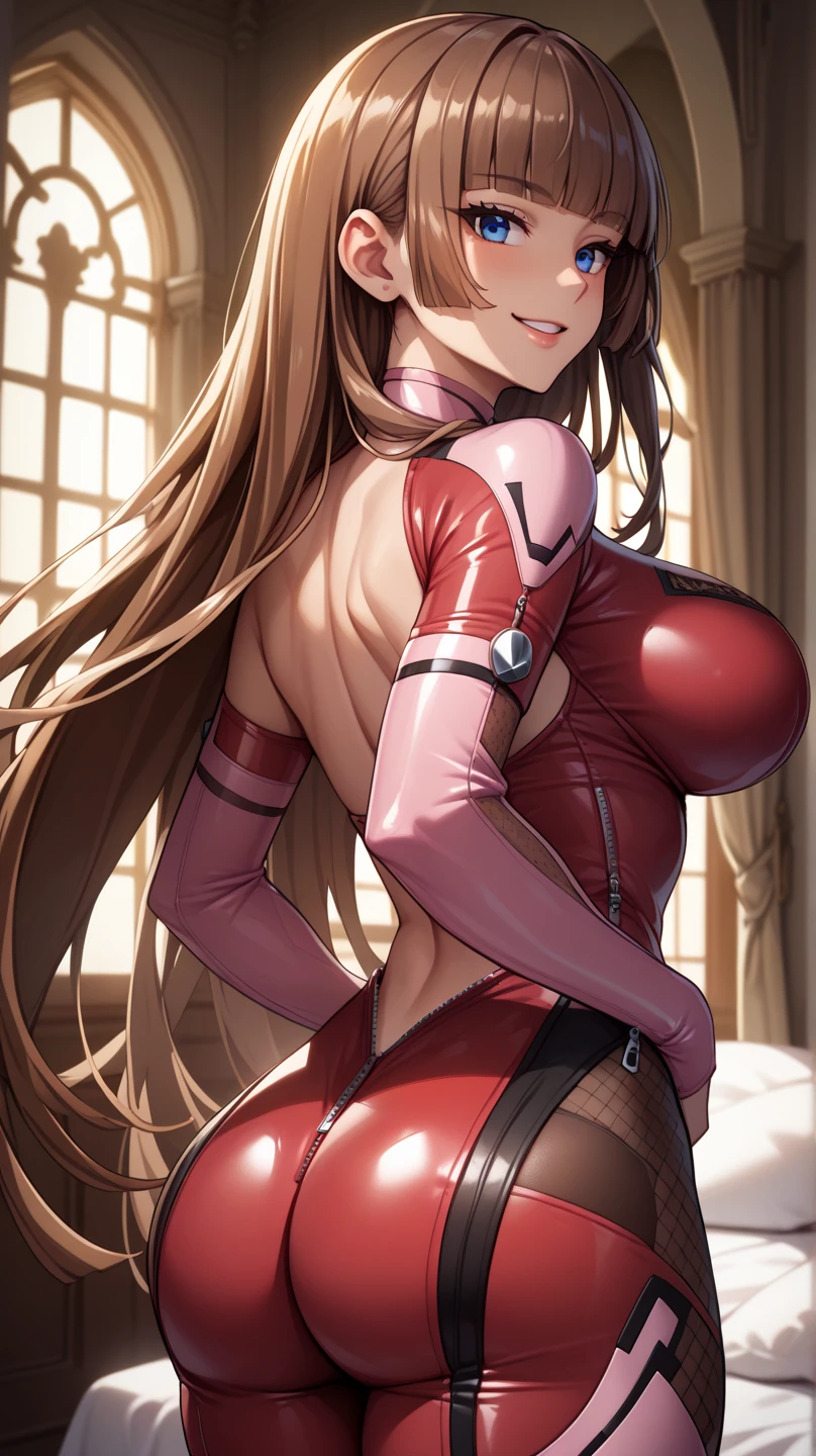 (((masterpiece, highest quality, High resolution)))), High definition 8K, (mature woman:1.5) (ultra hd, Super detailed, very detailed, very realistic, Super realistic, realistic pictures), (1 girl:1.5), (alone:2), (very cute), (brown hair), (white skin:1.5) long wavy hair, black eye, smile, parted lips, (huge breasts:1.2), Bedroom, sexy pose, cute face, abdomen, clavicle, (Red Playboy Bunny Suit, high leg leotard,The crotch area is open,Transparent bust area), attractive appearance, enchanting eyes, associative expression, indoor, cowboy shot, from below, off shoulder, bare shoulders, Komertu, place your hands behind your back, (barefoot) (blush:1.3),Fishnet tights,I can see your breasts、I can see the breasts、crotch crack、no pants