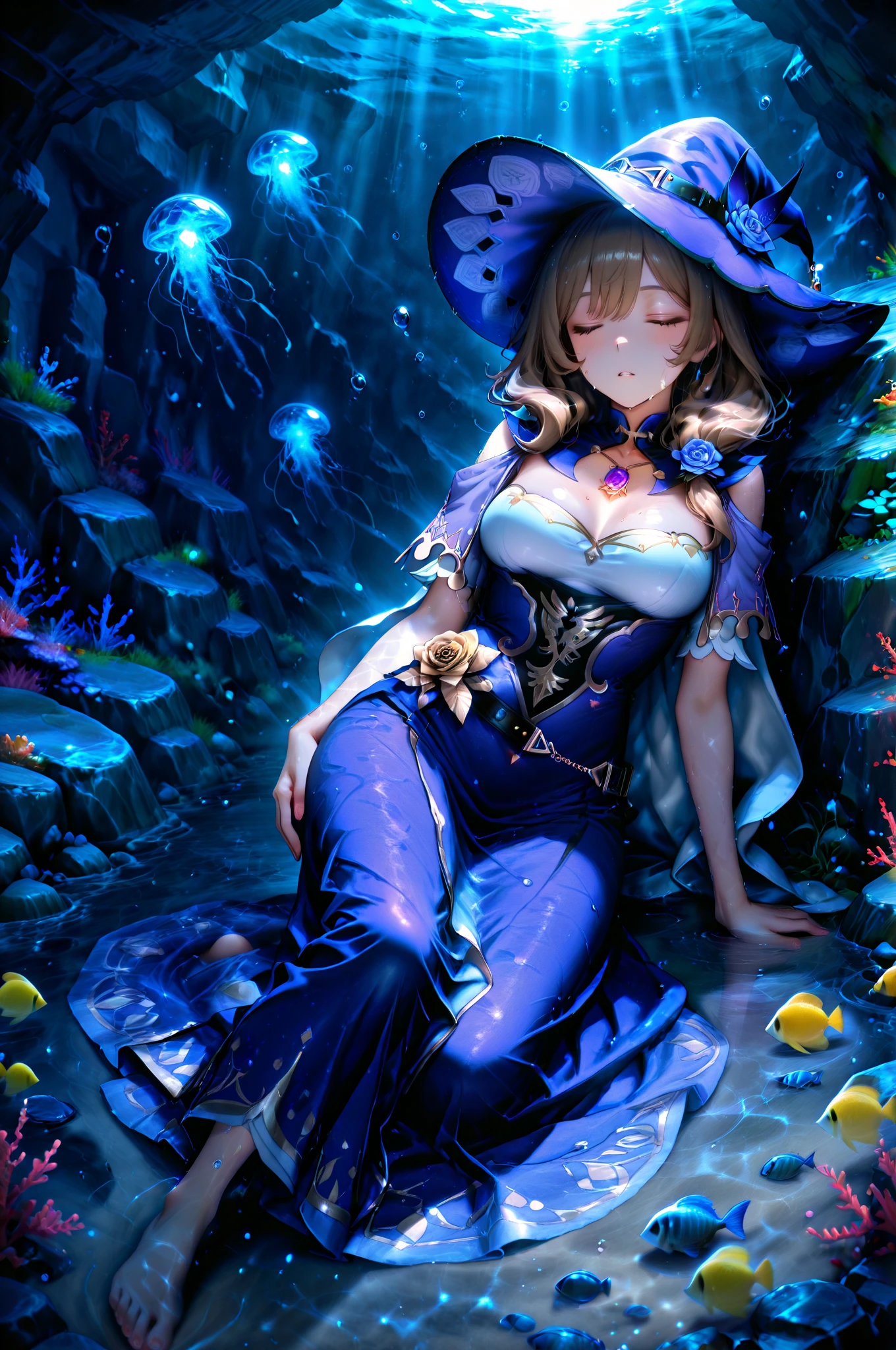 (masterpiece, best quality, detailed glossy skin: 1.2), flawless, 8k, RAW, highres,1girl, petite, medium breasts, long hair, blonde hair, (witch hat), (light smile), purple eyes, (star-shaped pupils), (underwater, algae, aquarium), looking at the viewer, solo, alice dress in wonderland, (no panties), long socks, transparent white socks, broom, floating, rim lights, cinematic lighting, ((splash water)), sexy,