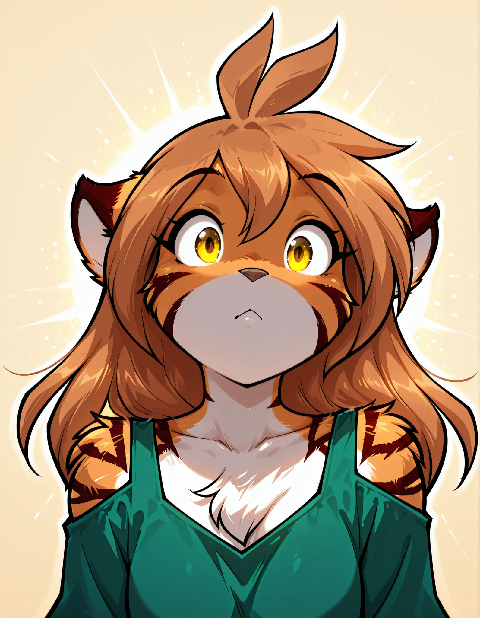 CuteToon_ST,, masterpiece, best quality, very aesthetic, 1girl,, furry, solo, flora-twokinds, flora_twokinds,, tiger, striped fur, keidran, yellow eyes, anthro,, green shirt