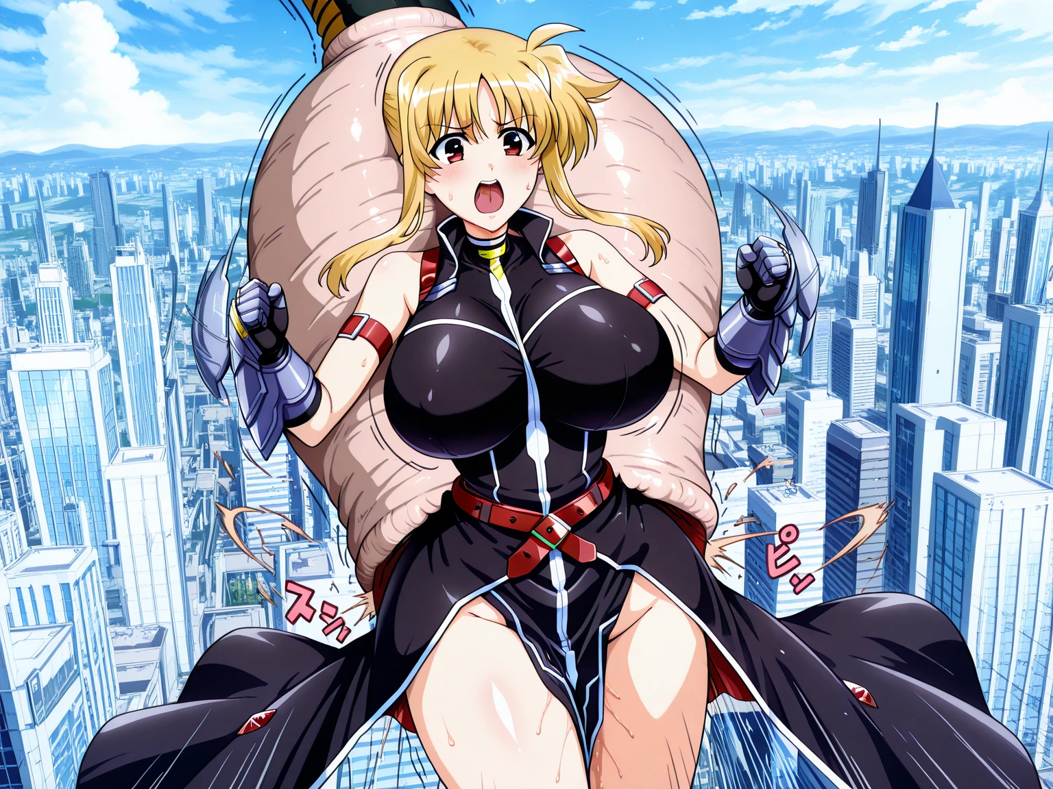 (comix 図 style:1.4) ,（High resolution、High resolution、high quality、Accurate body structure、Detailed body、Barefoot woman)、(Comic Strip:1.4)、(Big, muscular woman)、(Huge breasts:1.4)、Big Ass、 (Battle pose)、very small metropolis, Miniature metropolis, Destroying the metropolis、 Stomping City, Crush City,  Micro City,