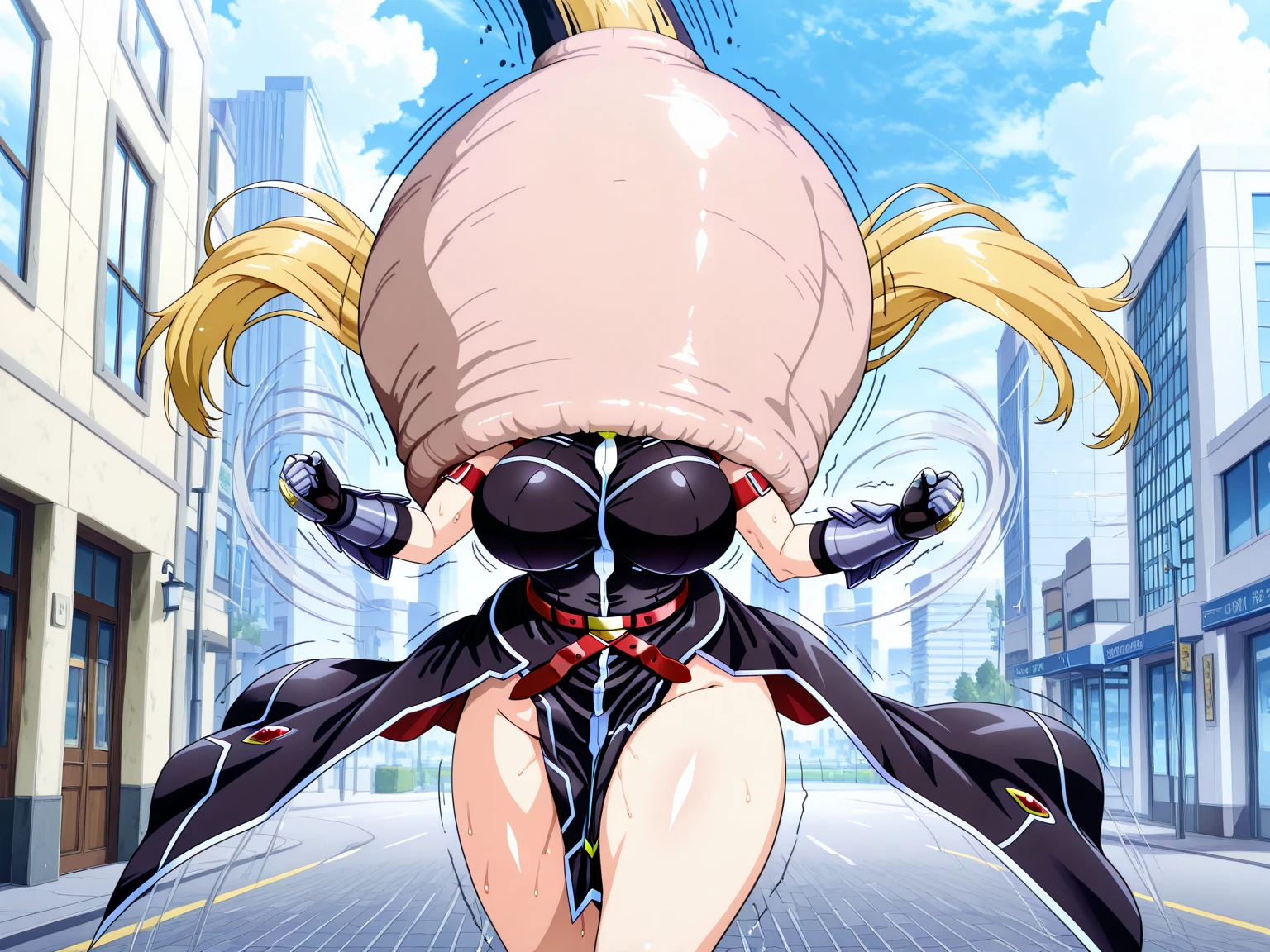 Teenager, 1girl, Blonde hair, Twin drills hair, solo, seductive smile, grin, nsfw, Villains, Bad girl, Open mouth, blush, aroused, in heat, Small breasts, View your audience, latex purple leotard, purple lips, back shot, from front, handstand, upside-down face, dramatic angle, unique perspective, unique angle, View your audience, Night town, City, skyscraper, Night, Dark, masterpiece, Top animation quality,Top image quality,